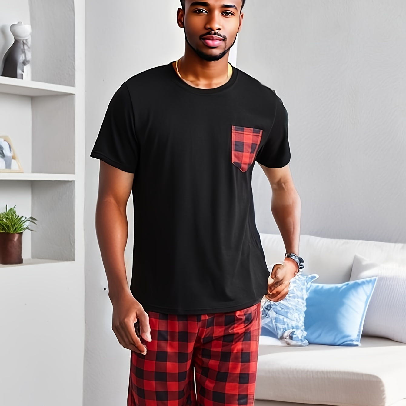 

2 Pcs Men's Simple Short T-shirts With Pocket & Plaid Shorts Pajama Sets, Comfortable & Skin-friendly Style Pajamas For Men's Cozy Loungewear