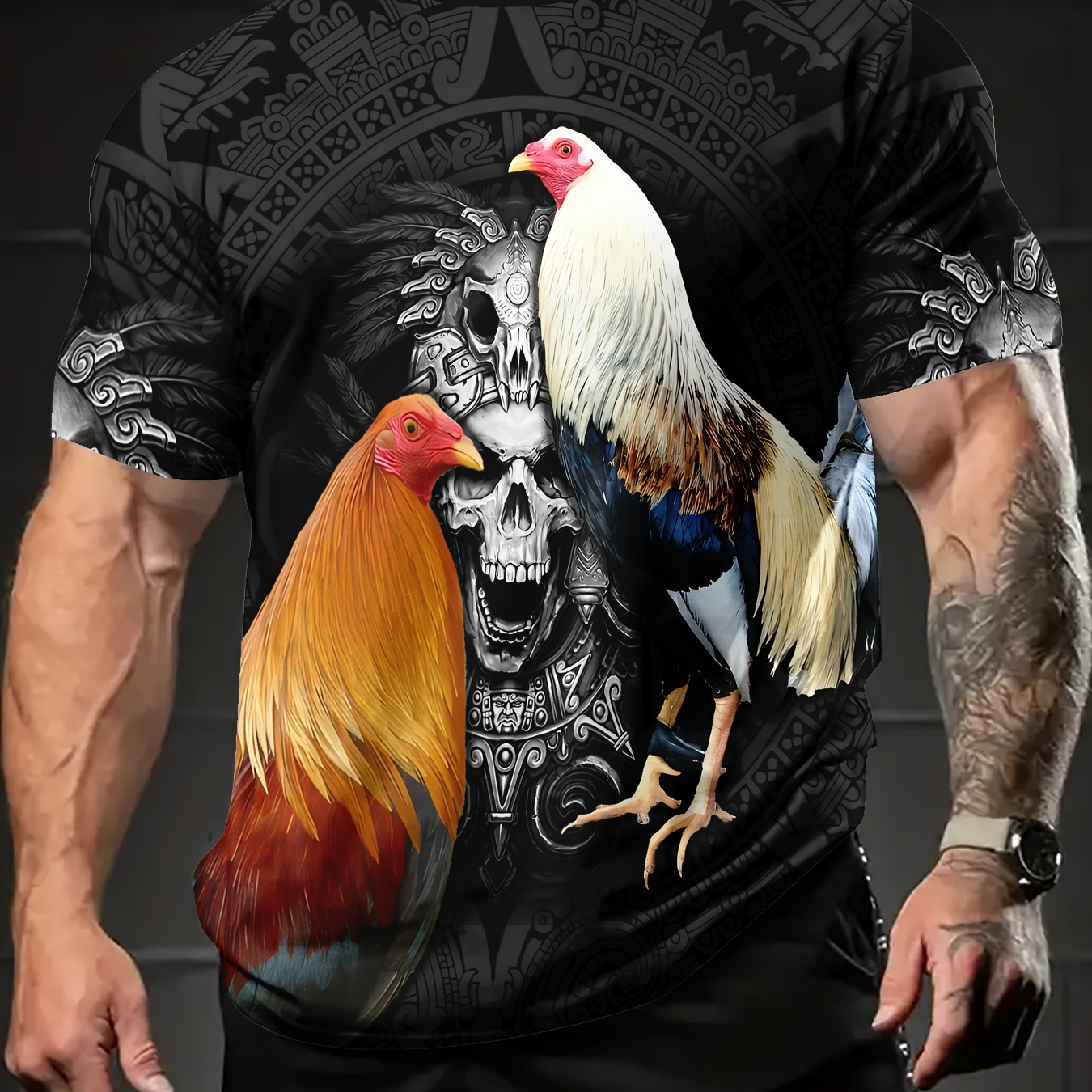 

Men'-inspired Novelty T-shirt With Unique Rooster Print - Soft Polyester, Short Sleeve, Round Neck - All