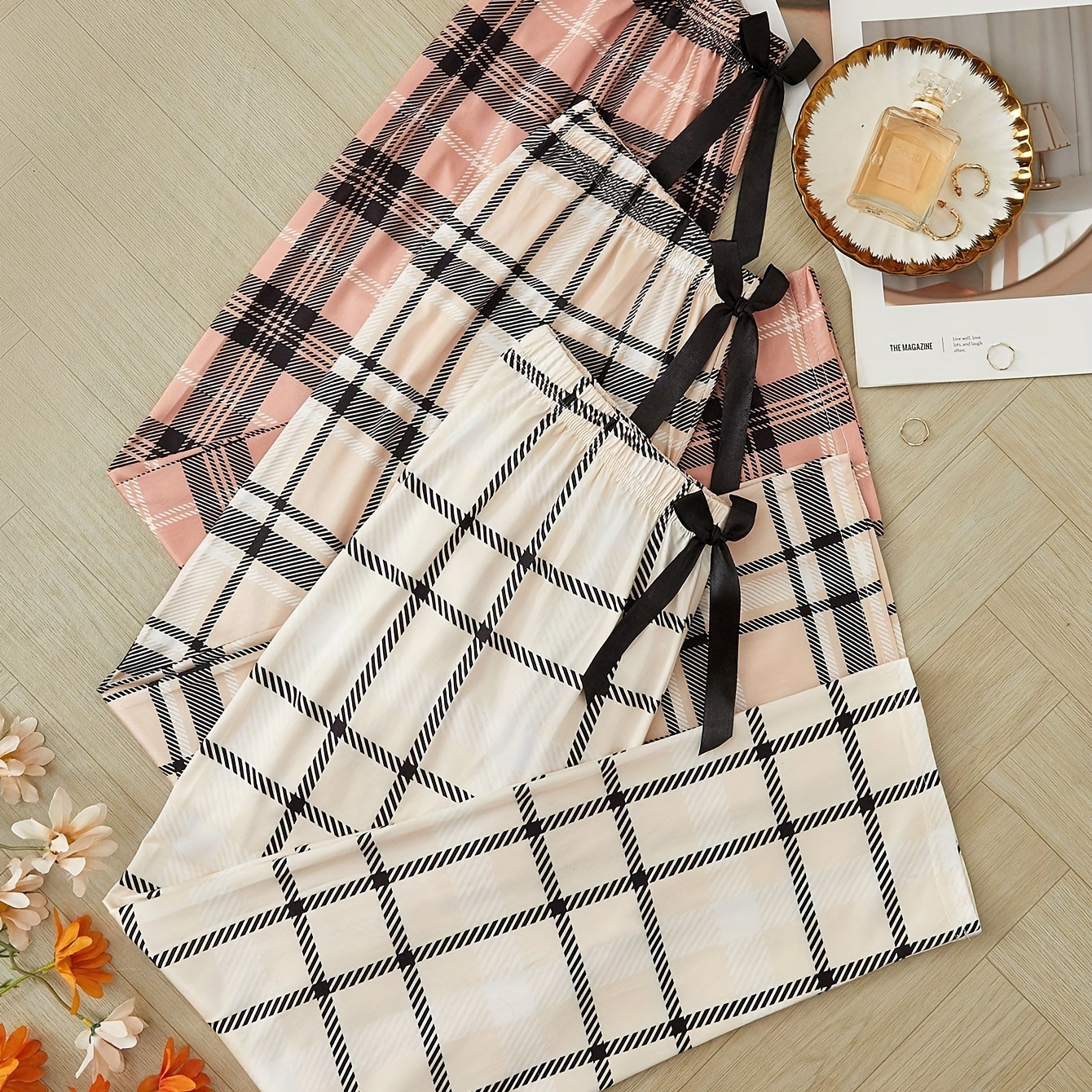 

Women's 3pcs Plaid Clothing Set With Bow Detail - Comfy Polyester & Elastane Blend, Non-transparent Lounge Pants For All Seasons