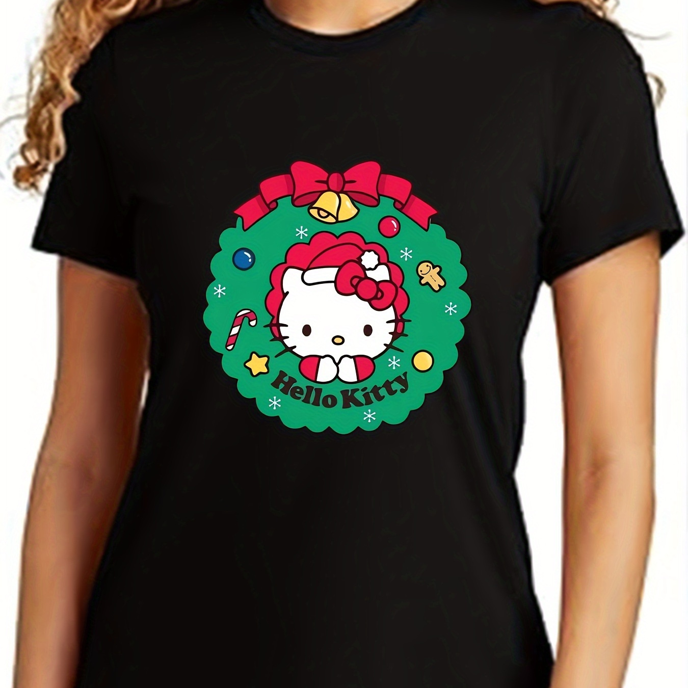 

[sanrio Authorized] Christmas Hello Kitty Cartoon T-shirt Sanrio Soft Short Sleeve For Everyday & Outdoors 220g