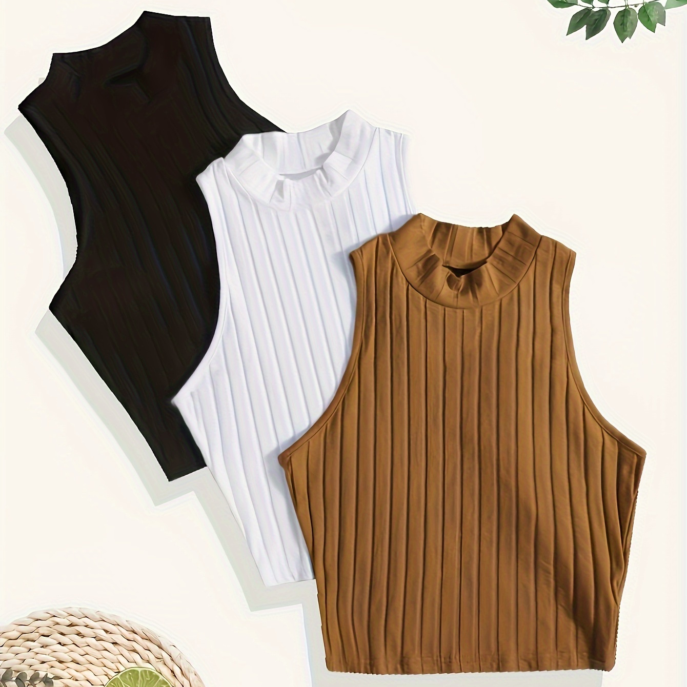 

3pcs Ribbed Crew Neck Tank Top, Casual Sleeveless Slim Fit Top For Spring & Summer, Women's Clothing