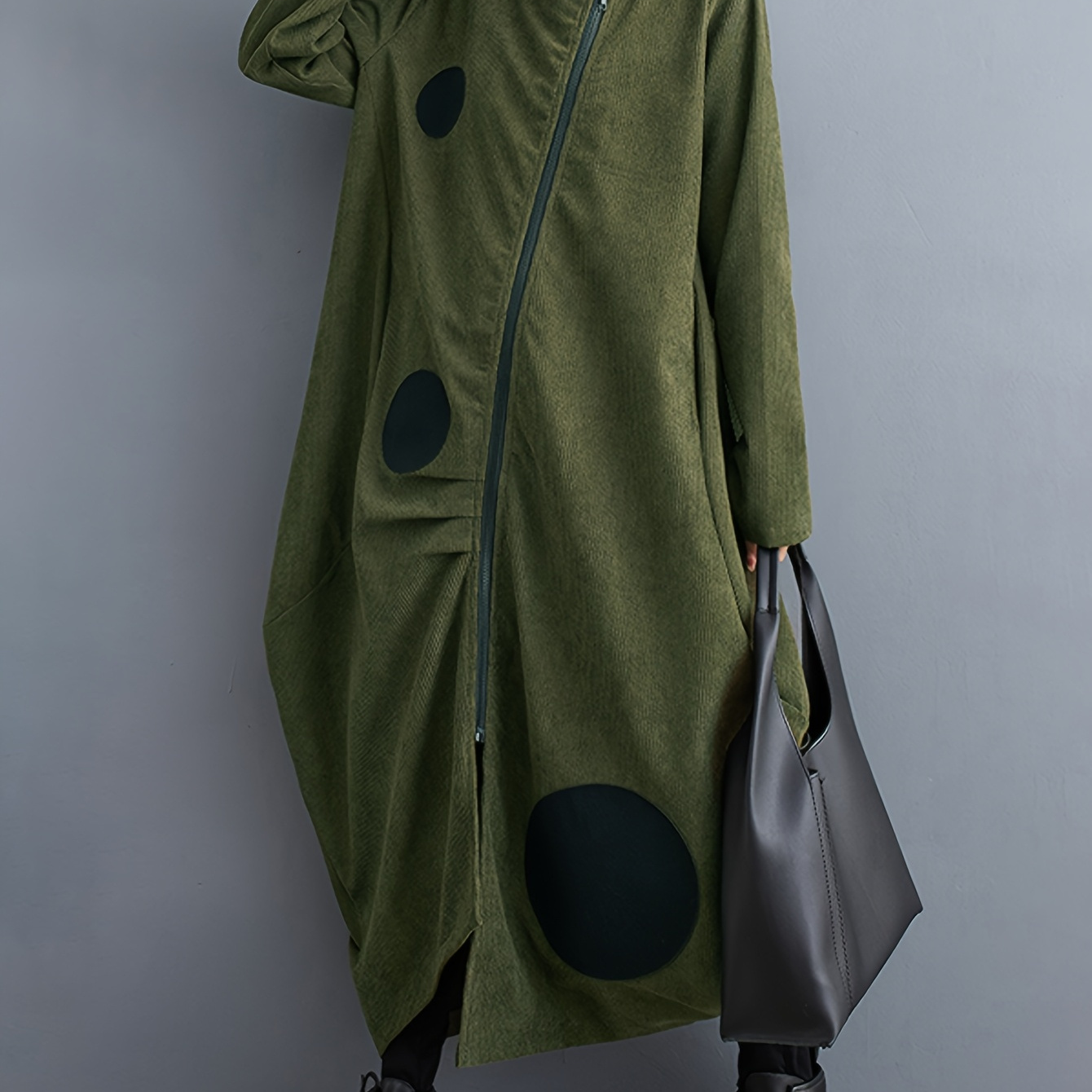 

Women's Elegant Green Loose-fit Dress Coat With Zipper Detail - Long Sleeves, Asymmetrical Hem, Polyester, Spring/fall Fashion