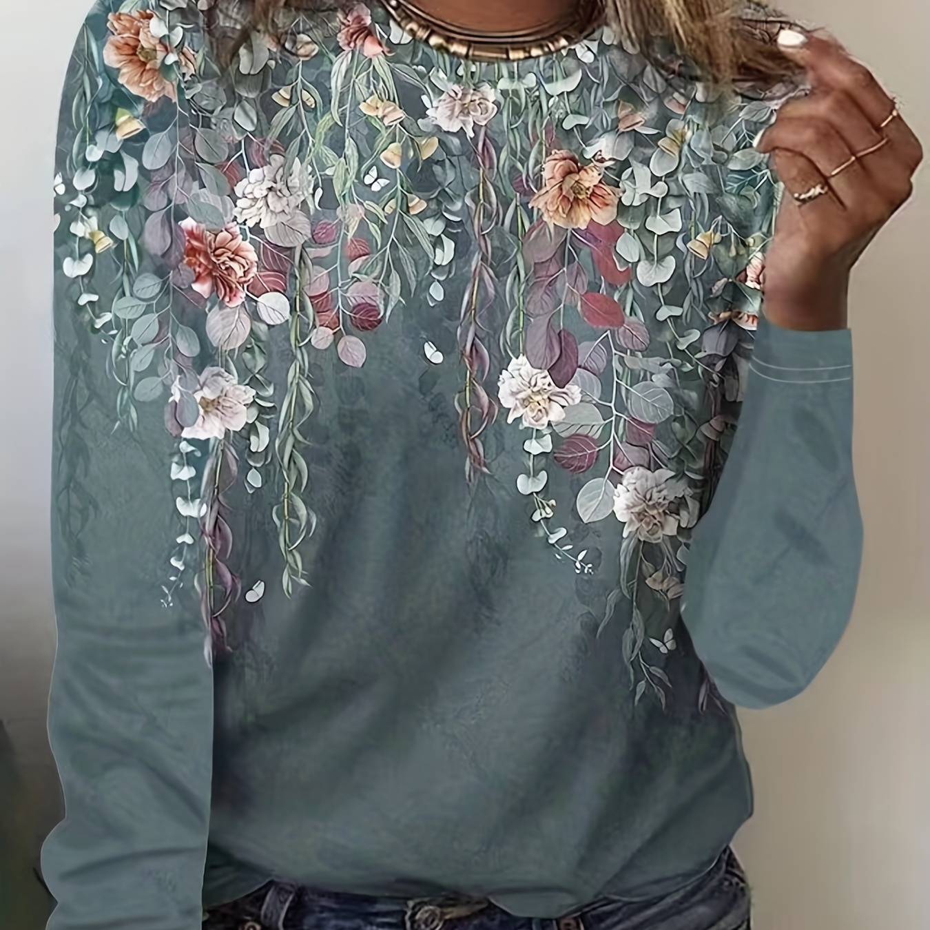 

Floral Print Crew Neck T-shirt, Casual Long Sleeve T-shirt For Spring & Fall, Women's Clothing