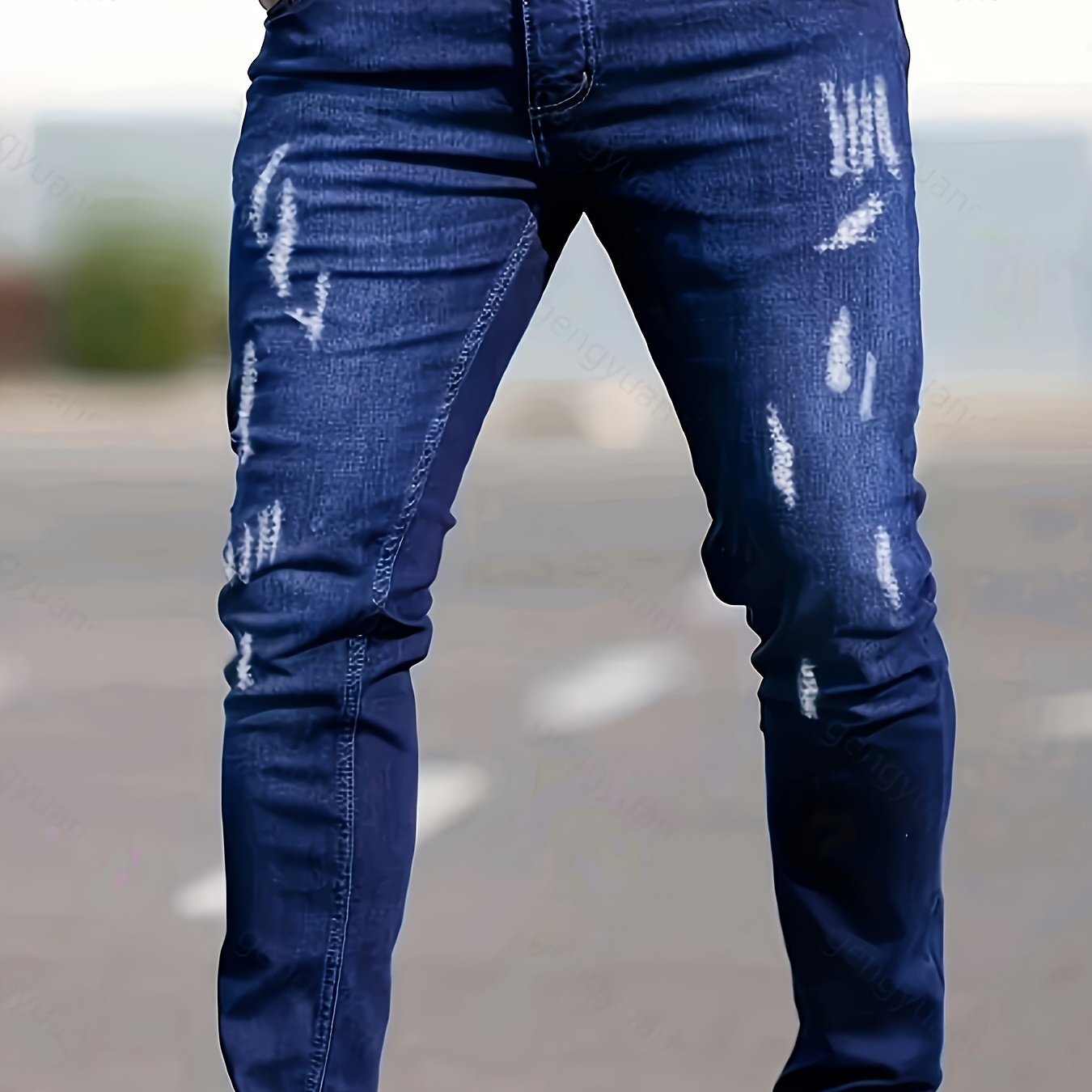

Men's Ripped Denim Trousers With Pockets, Causal Skinny Cotton Blend Jeans For Outdoor Activities