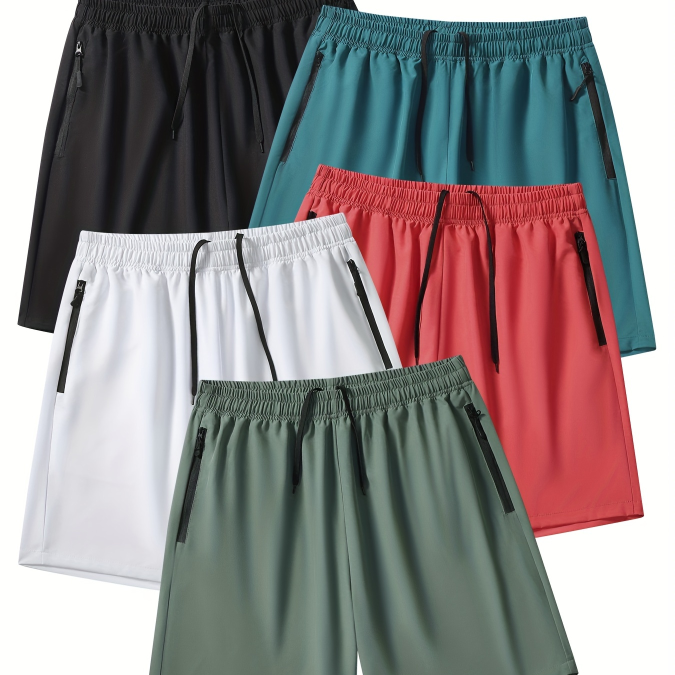 TEMU 5pcs Men's Solid Slightly Stretch Elastic Waist Drawstring Shorts For Summer Casual Daily Wear And Sports Activities