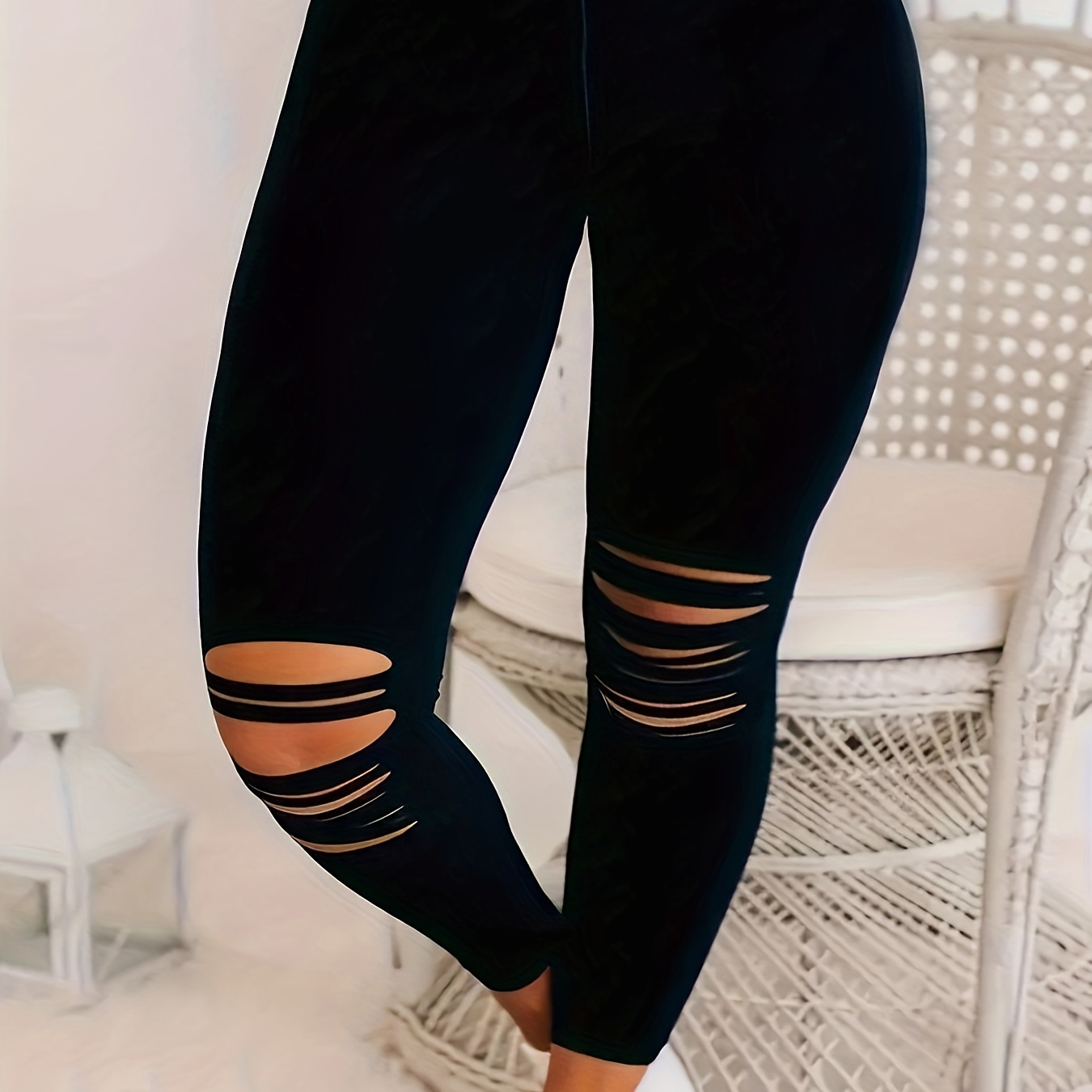 

Solid Ripped Leggings, Casual High Waist Long Length Workout Leggings, Women's Clothing