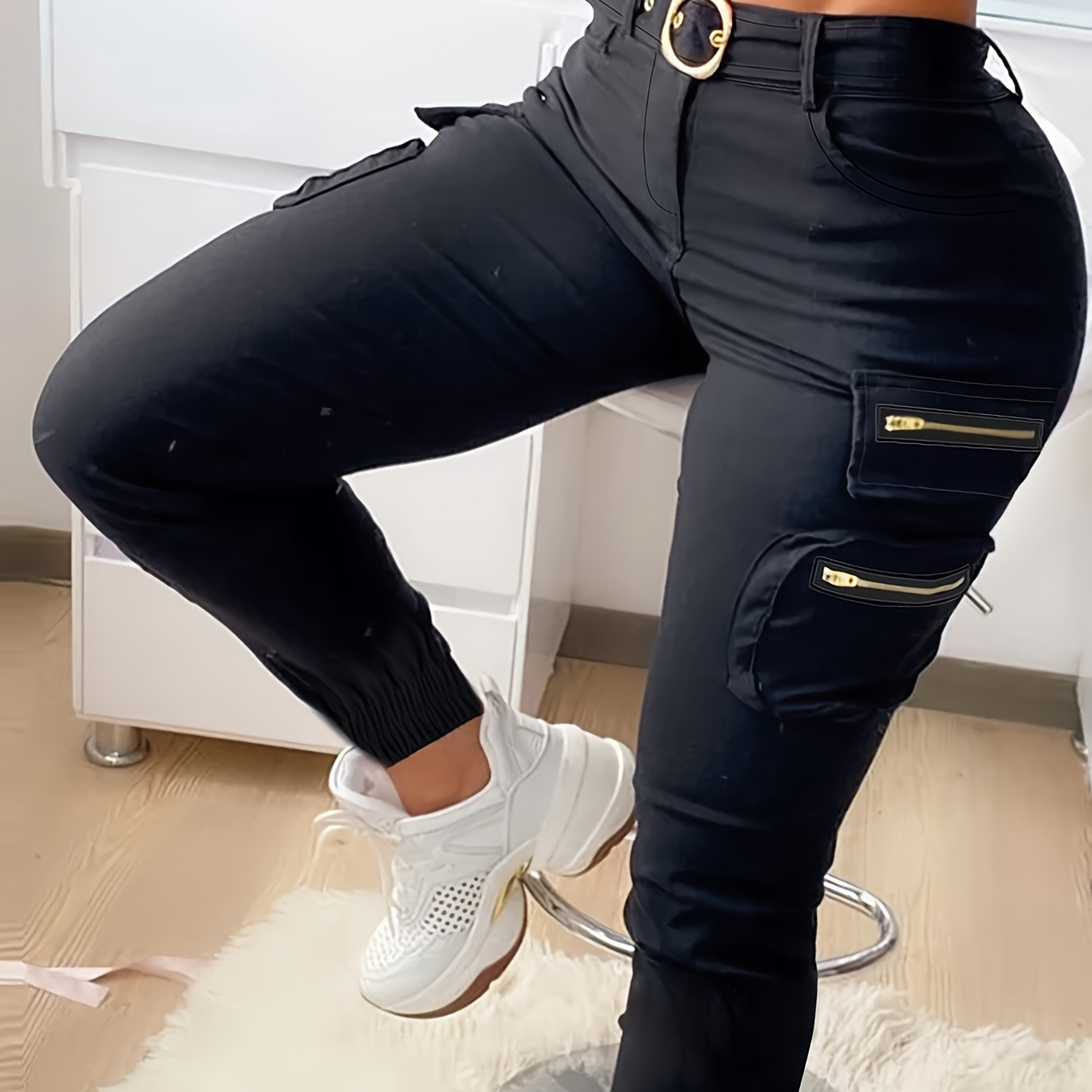 

Zipper Pockets Slim Belt Pants, Casual High Waist Pants For Every Day, Women's Clothing