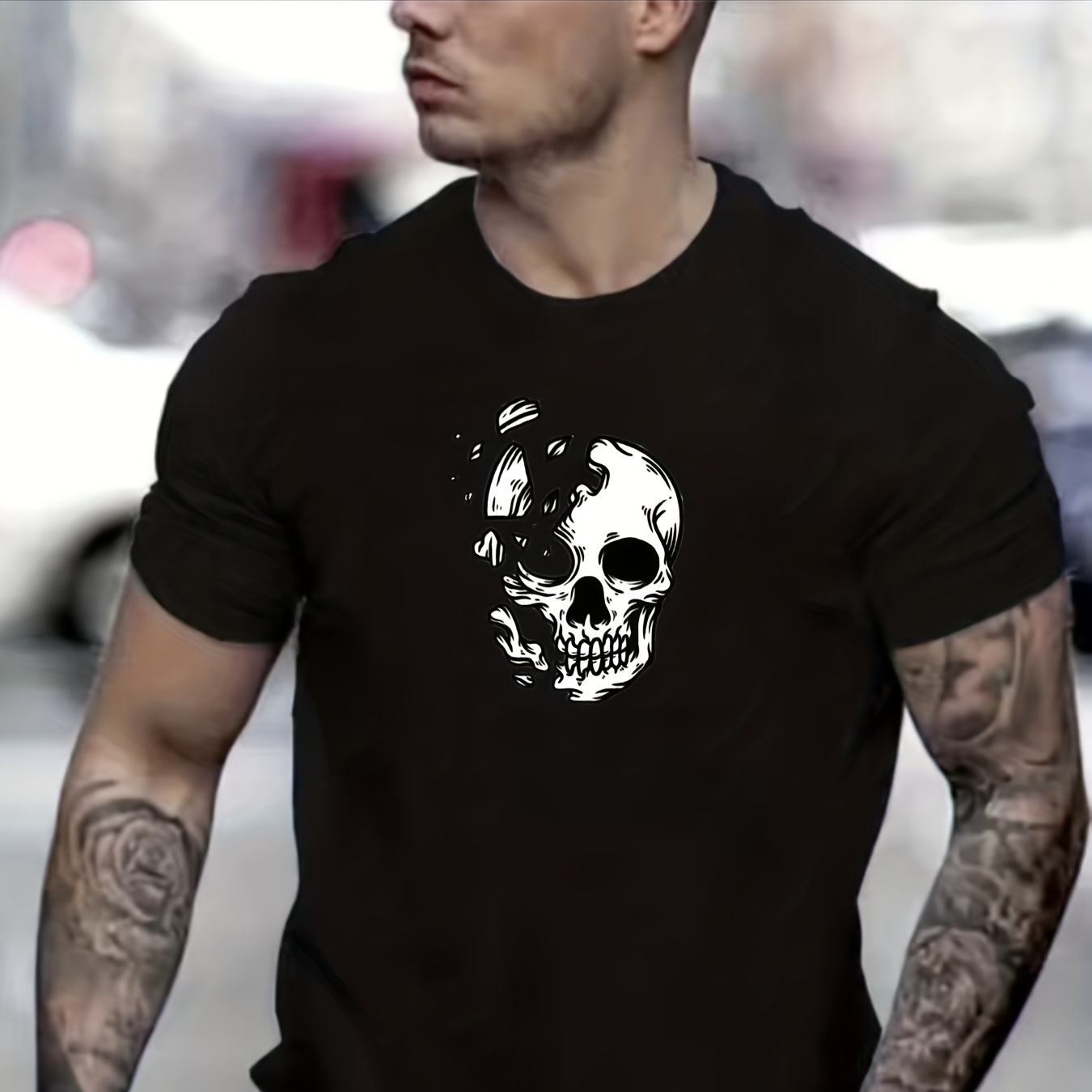 

Trendy Skull Pattern Print Men's Comfy Chic T-shirt, Graphic Tee Men's Summer Outdoor Clothes, Men's Clothing, Tops For Men, Gift For Men