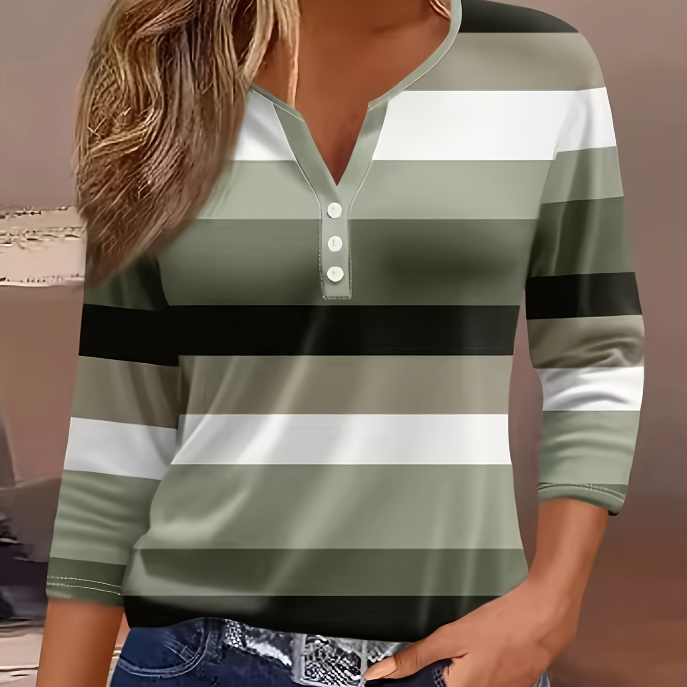 

Striped Half Button Notched Neck T-shirt, Casual -quarter Sleeve Top For Spring & Fall, Women's Clothing