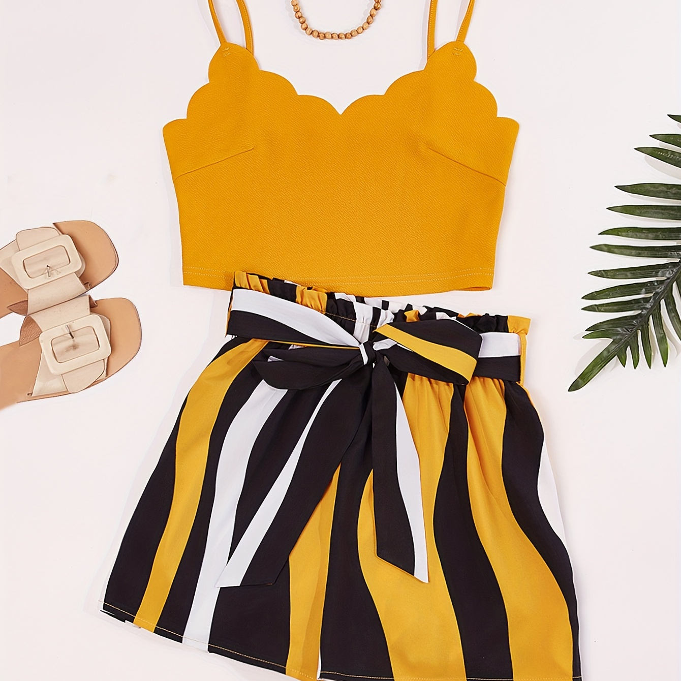 

Striped Print Casual Shorts Suits, Scallop Trim Backless Spaghetti Strap Crop Cami Top & Tie Elastic Waist Shorts Outfits, Women's Clothing