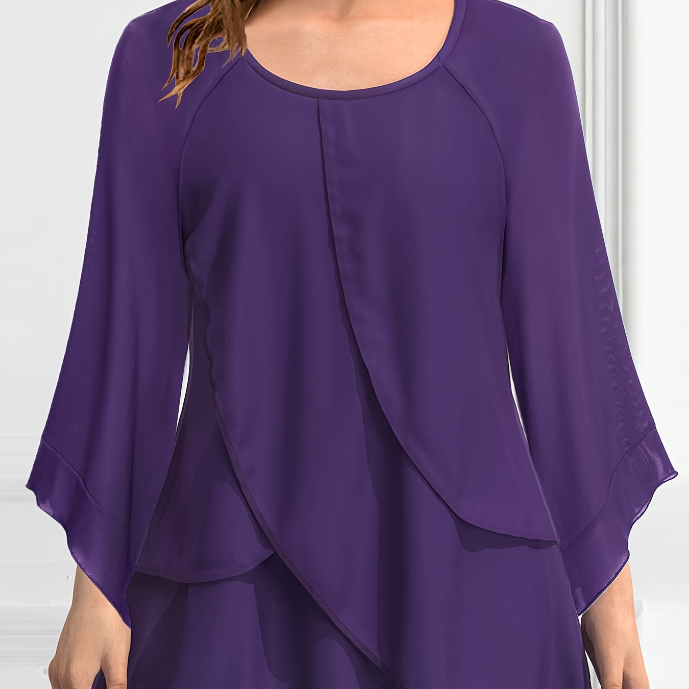 

Plus Size Solid Asymmetrical Hem Top, Elegant Long Sleeve Crew Neck Top For Spring & Fall, Women's Plus Size Clothing