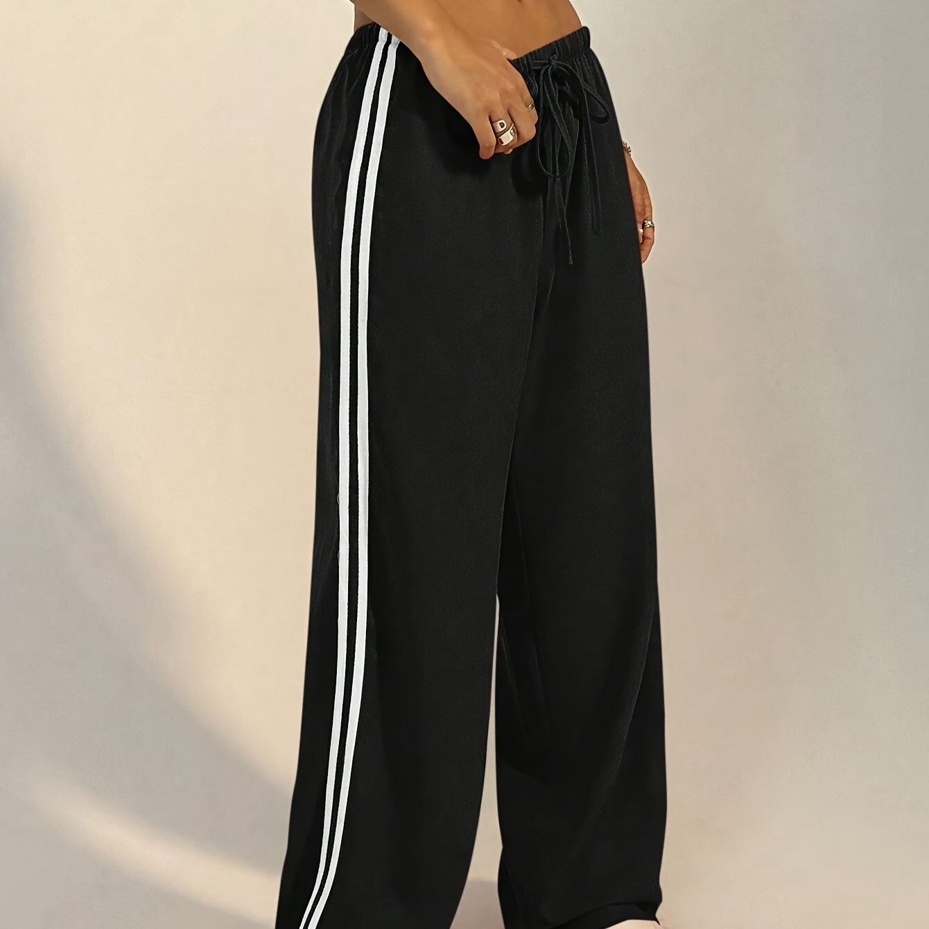 

Women's Casual Polyester Drawstring Pants With Side Stripe, Solid Color Straight Leg Sweatpants, 100% Polyester Weave, All-season Trousers