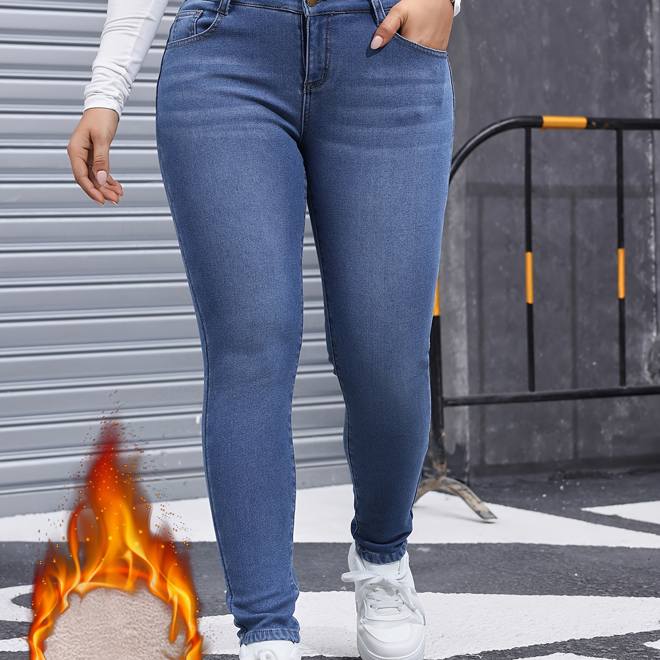 

Single-breasted Skinny Fit Plush Lined Washed Blue Casual Style Thickened Denim Pants For Winter, Women's Denim Jeans & Clothing