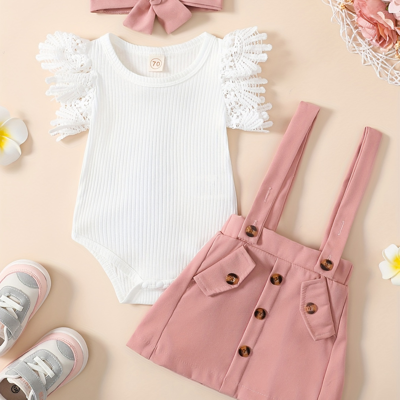 

Infant Girls Summer 3pcs Outfit Sets Pink Skirt Ruffle Short Sleeve Ribbed Romper + Suspender Skirt + Headband
