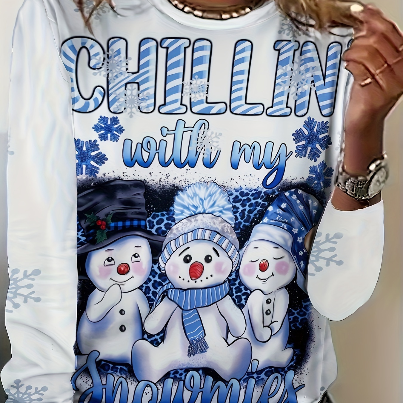 

Snowman & Letter Print Crew Neck T-shirt, Casual Long Sleeve Top For Spring & Fall, Women's Clothing