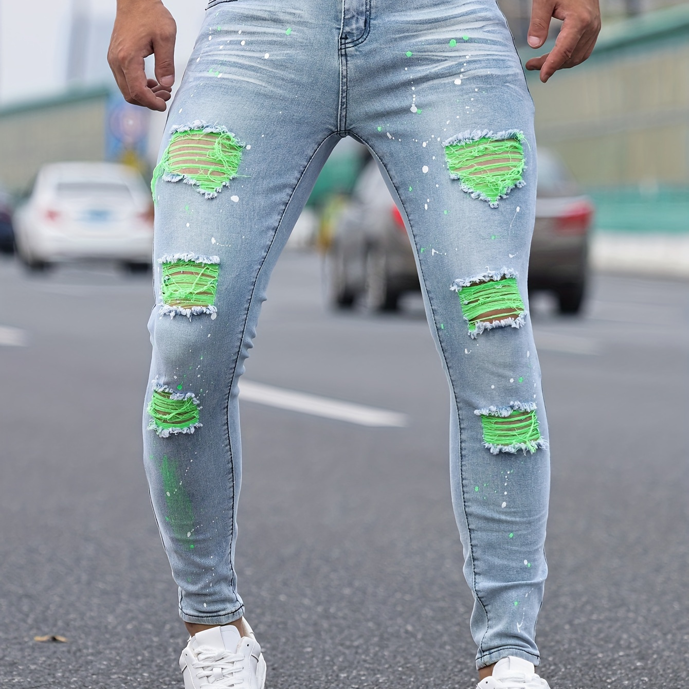 

Men's Skinny Fit Distressed Ripped Jeans, Street Style Denim Pants For Men, Versatile For All Seasons