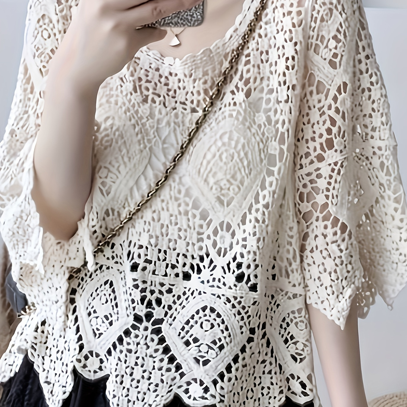 

Crochet Asymmetrical Hem Knitted Top, Casual Beach Wear Half Sleeve Summer Top, Women's Clothing
