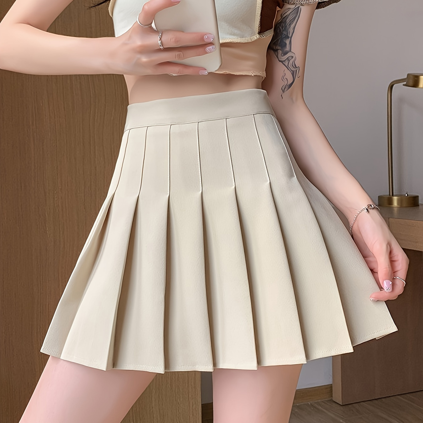 

Women's High-waist Pleated Skirt, Extended Length, Slimming A-line, Solid Color, Polyester 95.4%, Elastane 4.6%, Woven, 270g/m², 100g/m² , Spring/summer Collection