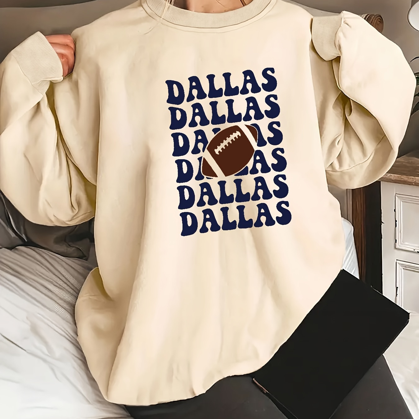 

Plus Size Football Print Pullover Sweatshirt, Casual Long Sleeve Crew Neck Sweatshirt For Fall & Spring, Women's Plus Size Clothing