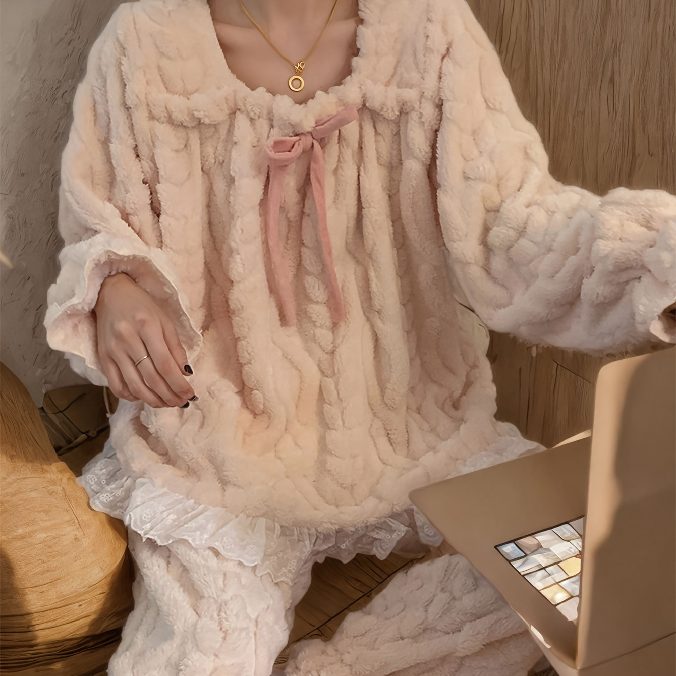 

1set Women's Fleece Set - Long Sleeve , Polyester Adult Loungewear Long Pants