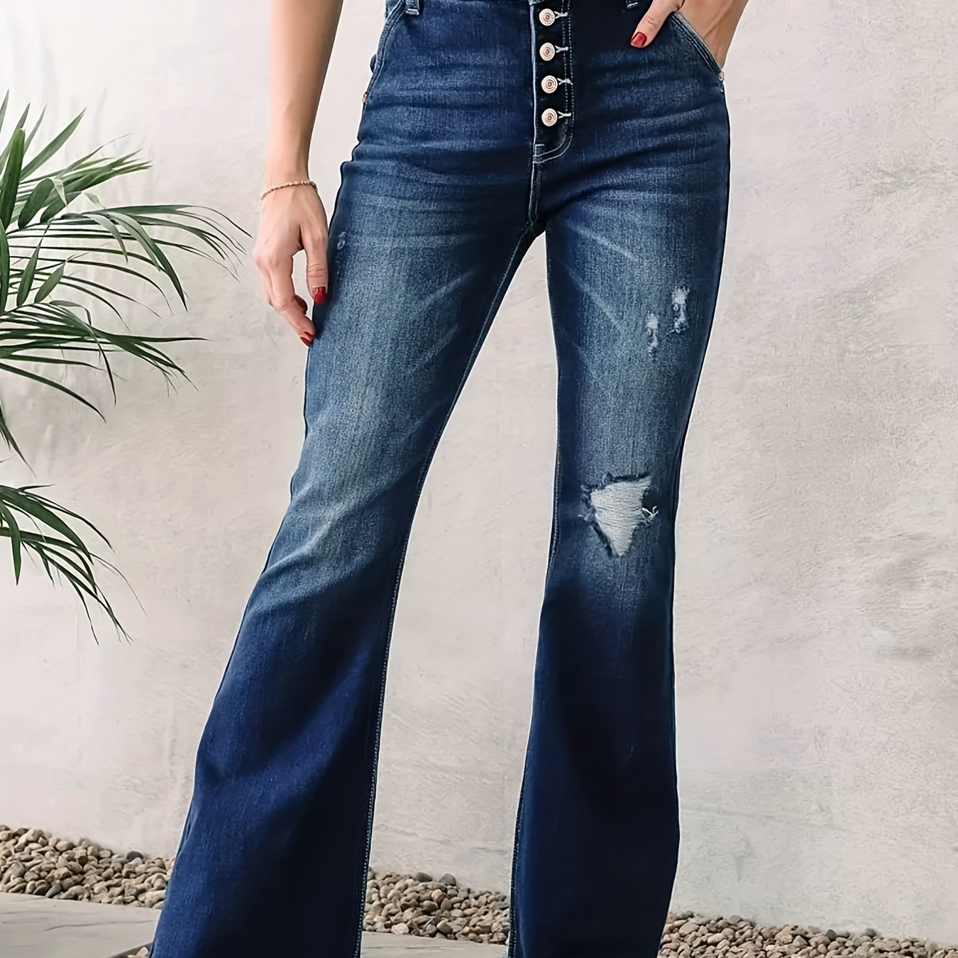 Blue Frayed Bell-Bottoms, Dark Wash High-Rise Boot Cut Frayed Hem Jeans, Classic Vintage Pants, Women's Clothing & Denim