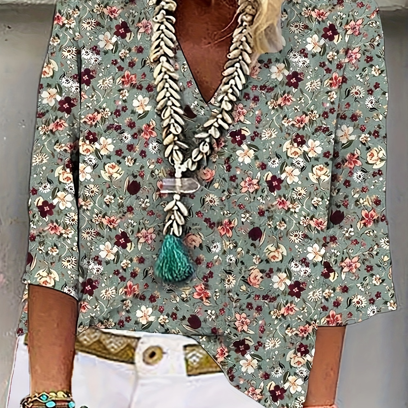 

Floral Print V Neck Blouse, Casual 3/4 Sleeve Blouse For Spring & Summer, Women's Clothing