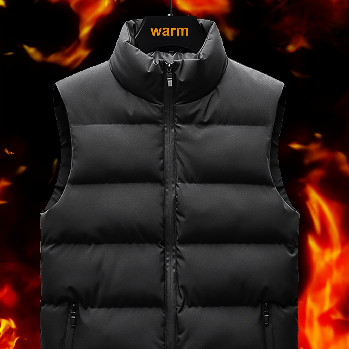 

Men's Sleek Black Casual Zip-up Vest With Stand Collar - Puffer Jacket For Outdoor Fishing & Hiking,