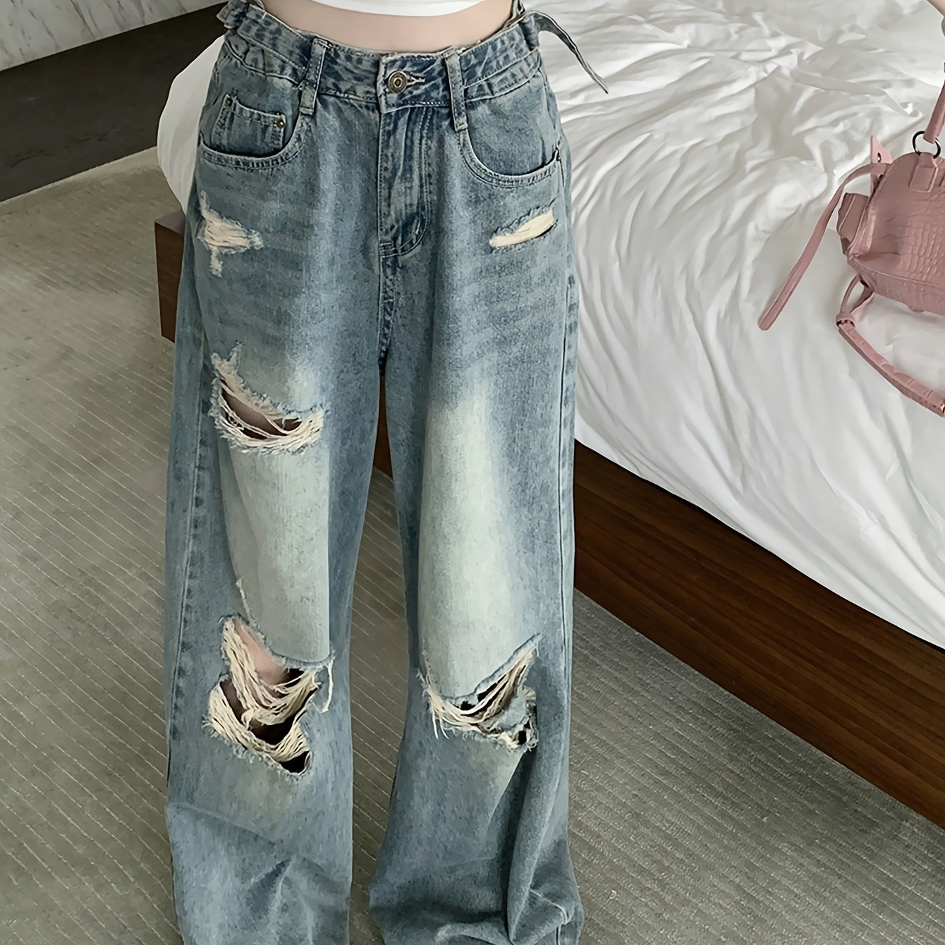 

Women's High-waisted Wide-leg Denim Jeans, Street Style, Loose Fit, Distressed Ripped Detail, Long Floor-length Pants