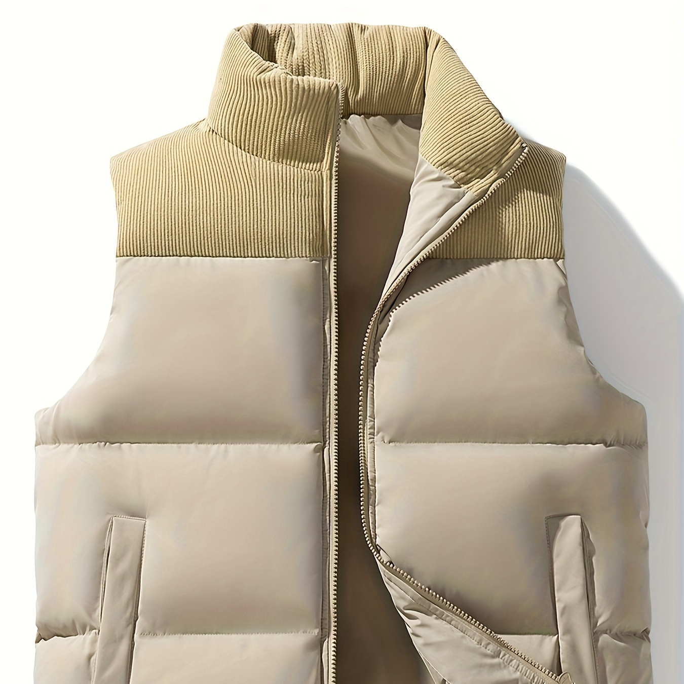 

Gilet décontracté manches pour homme avec petit col , chaleur épaisse, couleur unie, polyester tissé, coupe , ceinture, fermeture éclair sur le devant, pour /hiver