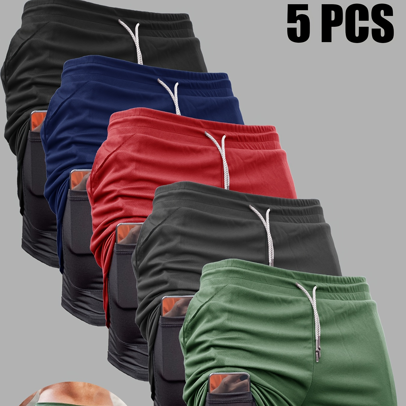 

5pcs Men's 2-in-1 Shorts With Inner Pocket, High Stretch Sports Shorts For Summer Gym Workout Training