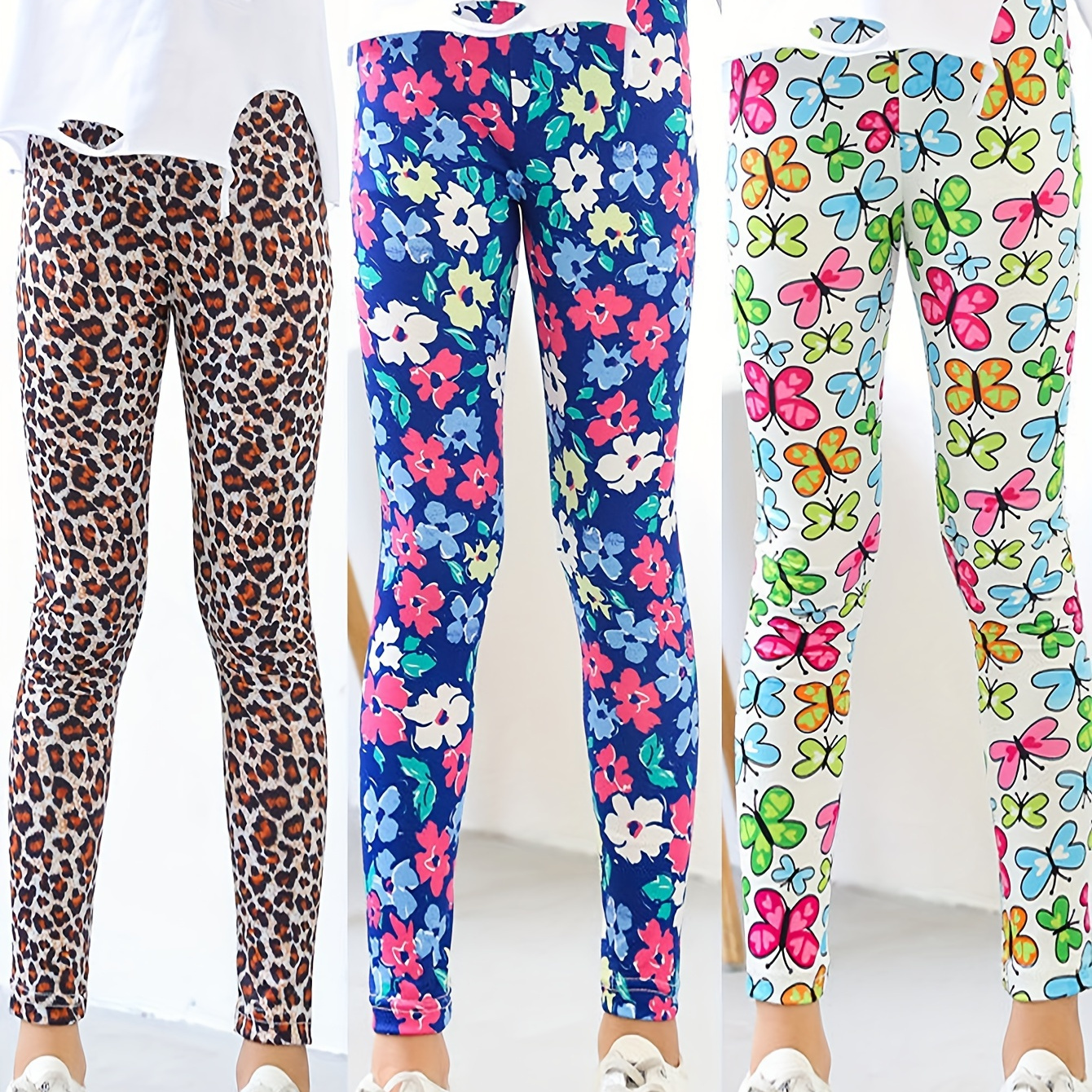

3pcs, Casual Flower/butterfly/leopard Print Pattern Leggings Set For Girls Outdoor Yoga Sports Gift