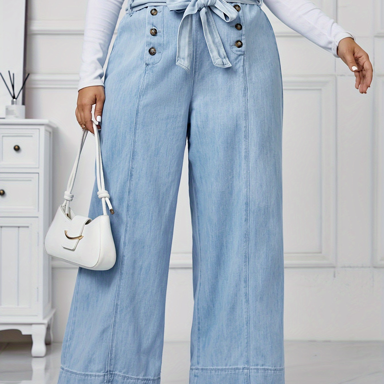 

Plus Size Casual Jeans, Women's Plus Solid Double Breast Button High Rise Wide Leg Jeans With Belt