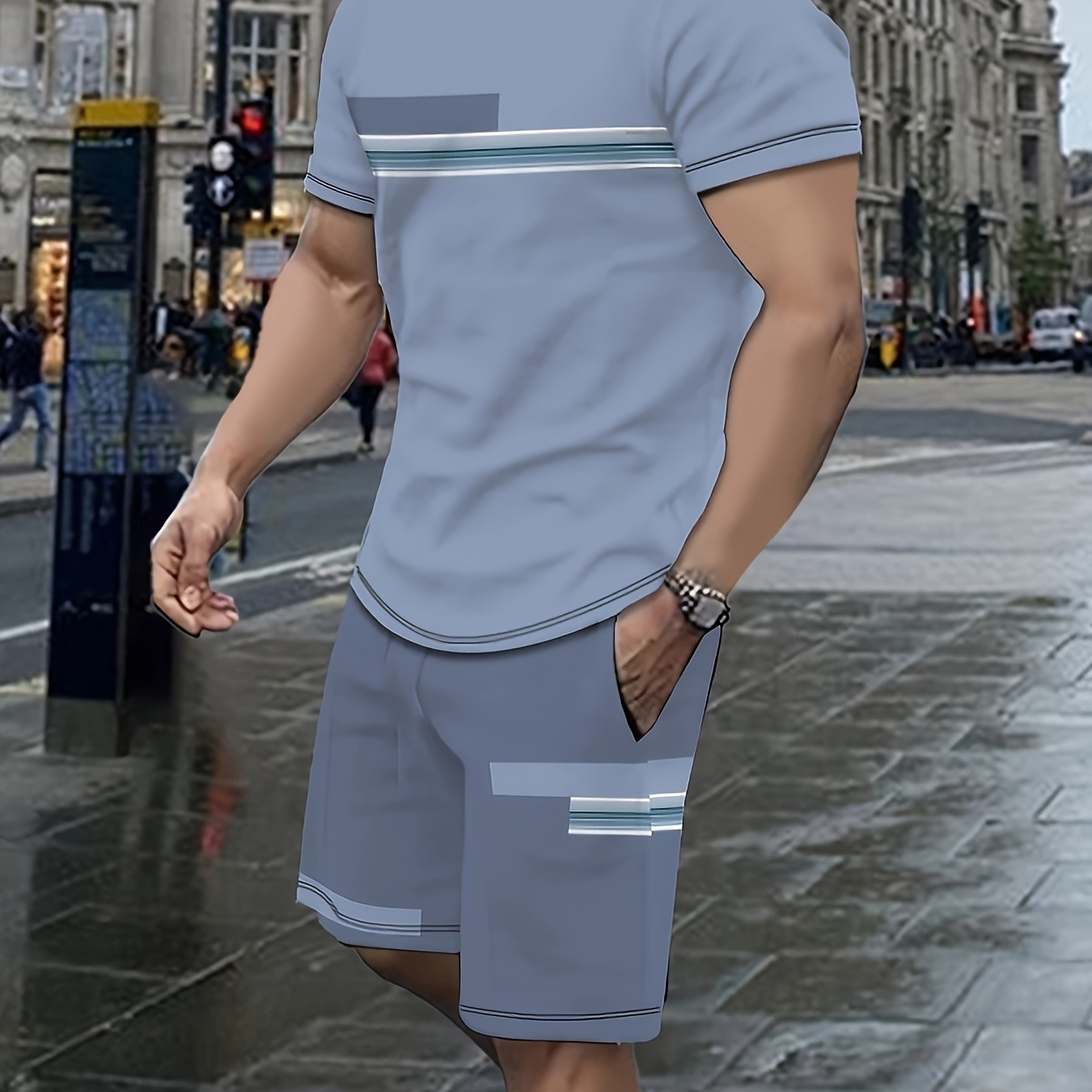 

Men's Outfit, Striped Casual Crew Neck Short Sleeve T-shirt & Shorts 2-piece Set For Summer Outdoor Activities