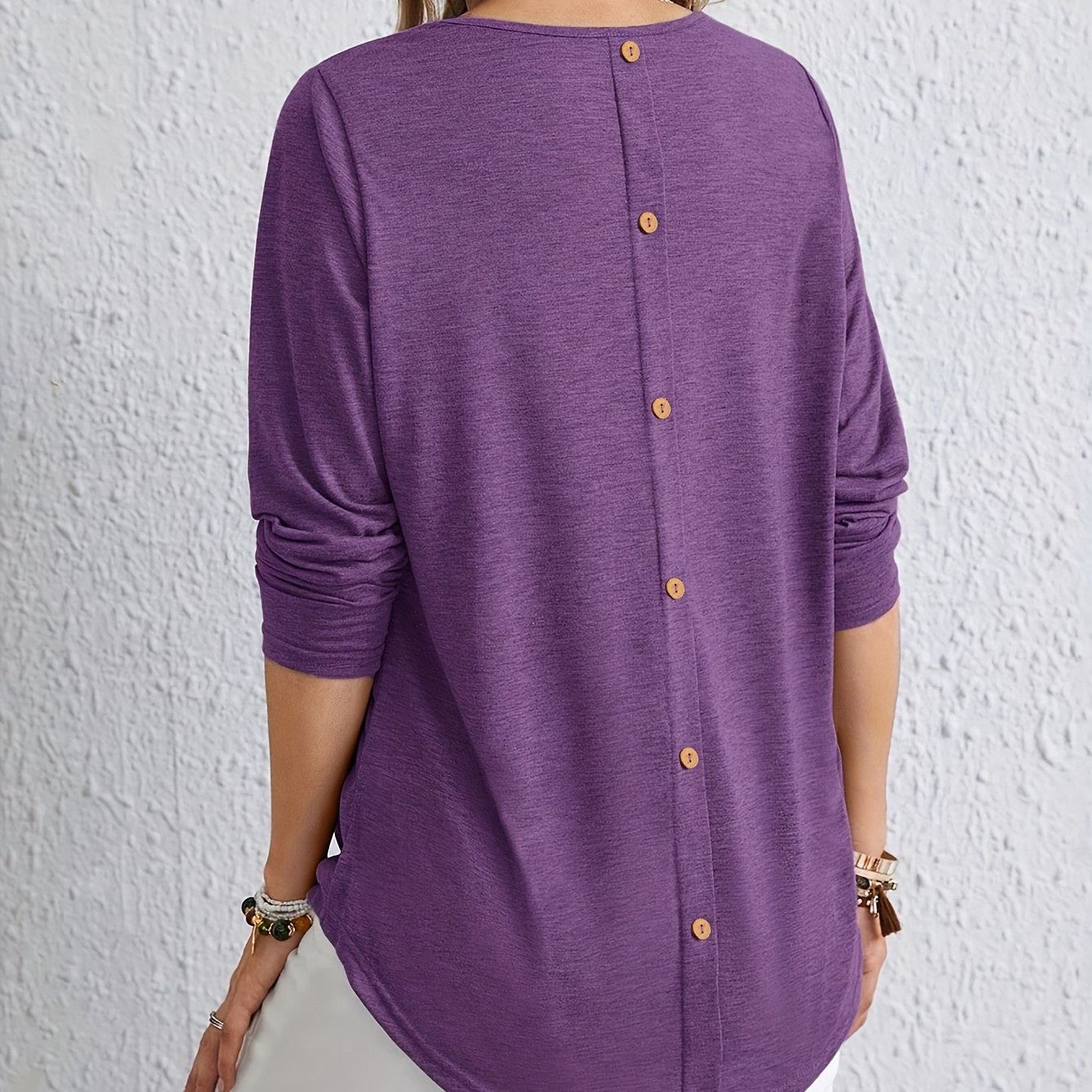 

Button Decor Crew Neck T-shirt, Casual Long Sleeve T-shirt For Spring & Fall, Women's Clothing