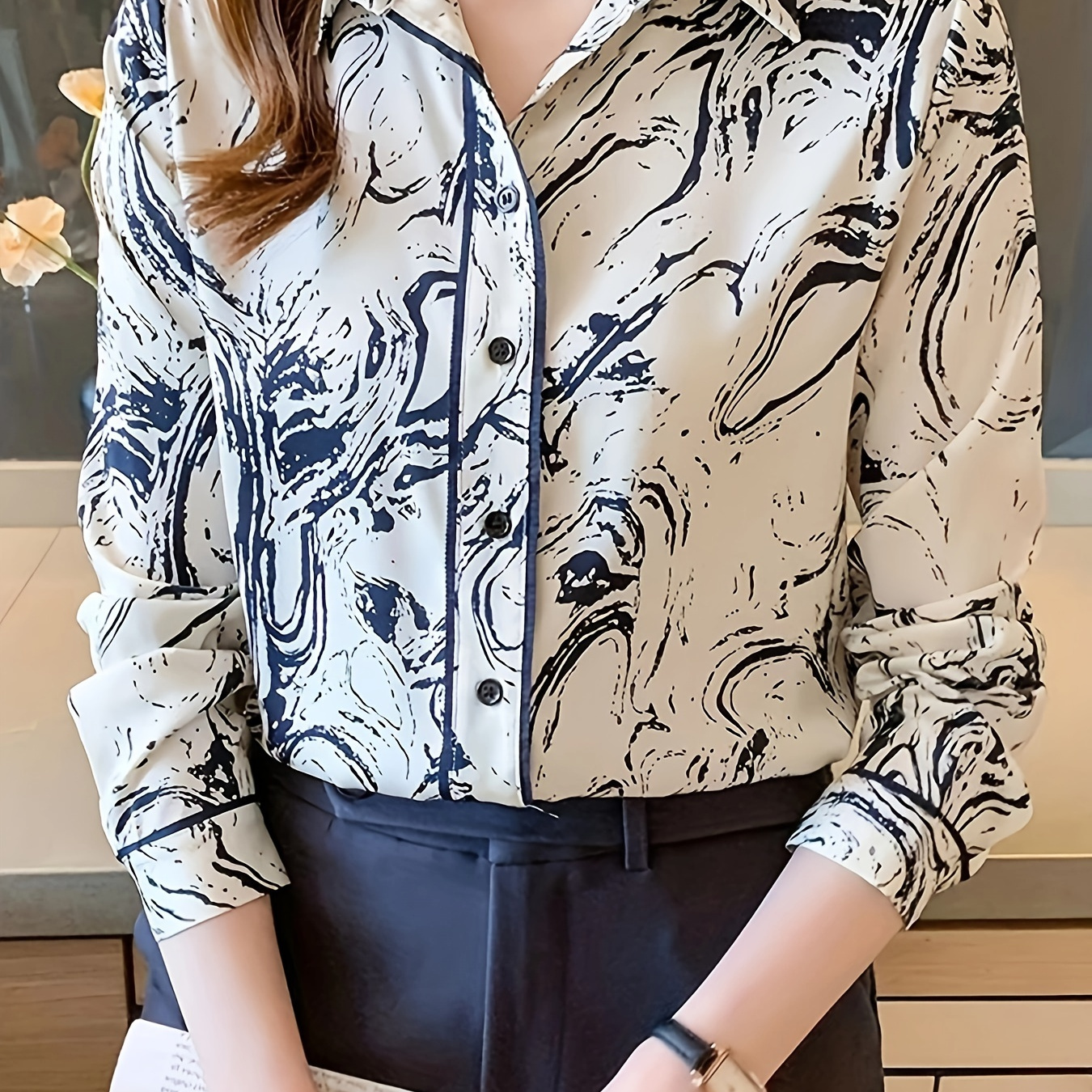 

Abstract Print Button Front Shirt, Vintage Long Sleeve Shirt For Spring & Fall, Women's Clothing