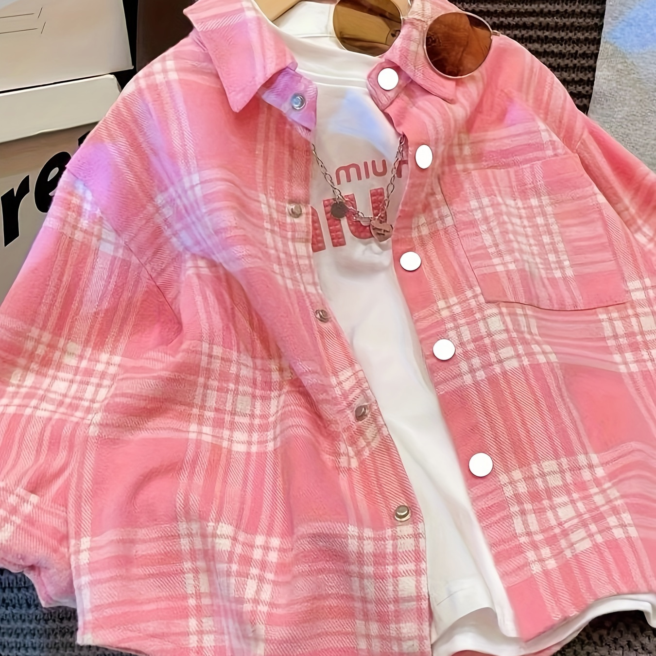 

Girls Versatile & Breathable & Loose Plaid Pattern Long Sleeve Button Up Cotton Overshirt For Spring & Fall Outdoors