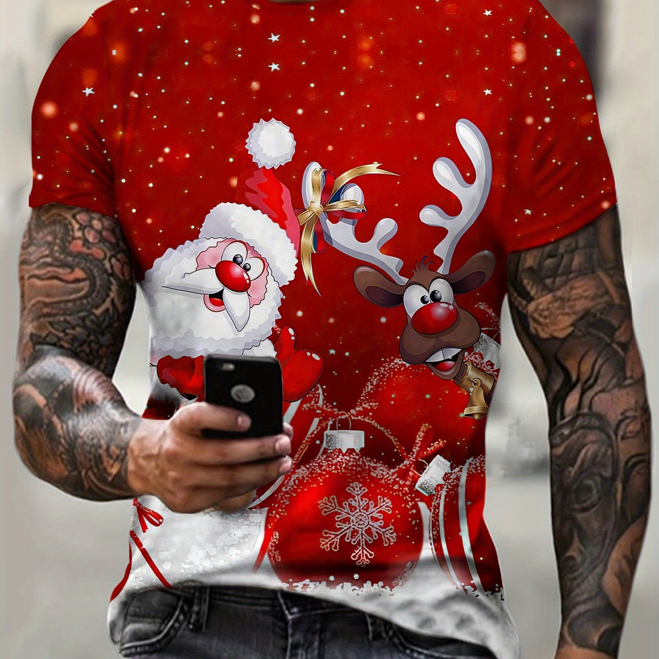 

Men's Christmas 3d Santa And Reindeer Graphic T-shirt, Crew Neck Short Sleeve , Polyester & Spandex , Regular Fabric Top For Holiday Streetwear