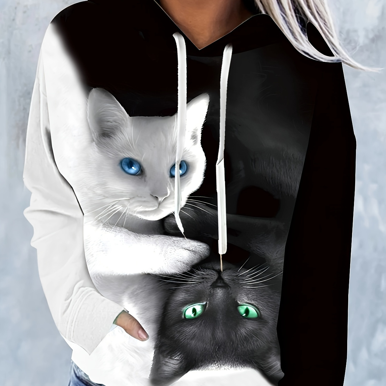 

Cat Print Kangaroo Pocket Hoodie, Casual Long Sleeve Drawstring Hoodies Sweatshirt, Women's Clothing