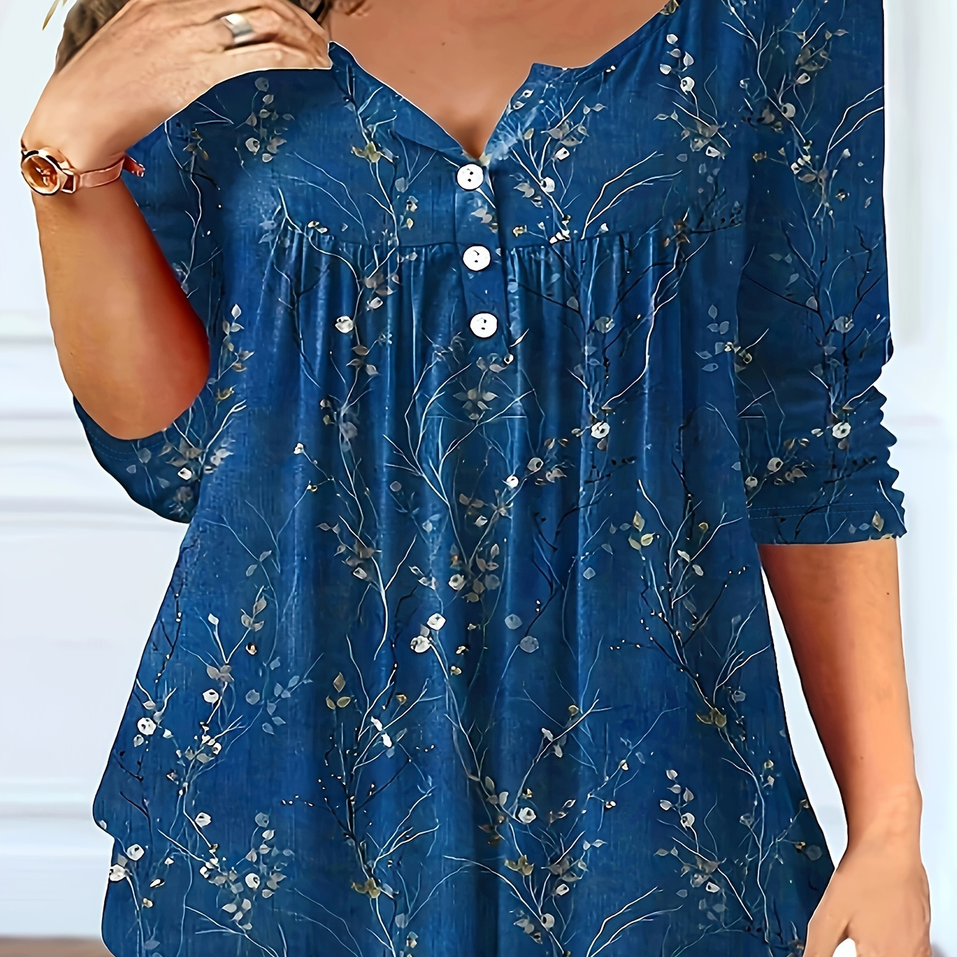 

Plus Size Casual T-shirt, Women's Plus Floral Print Button Up Ruched Long Sleeve V Neck Medium Stretch T-shirt