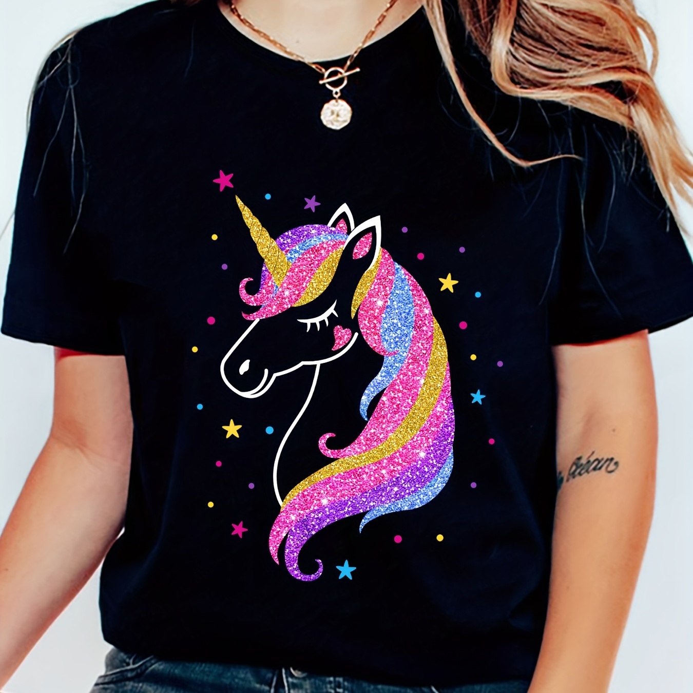 

Unicorn Glitter Graphic Tee For Women - Soft Polyester, Casual Summer Shirt With Round Neck And Short Sleeves, Machine Washable, Casual Top| Fashion|glittery Design