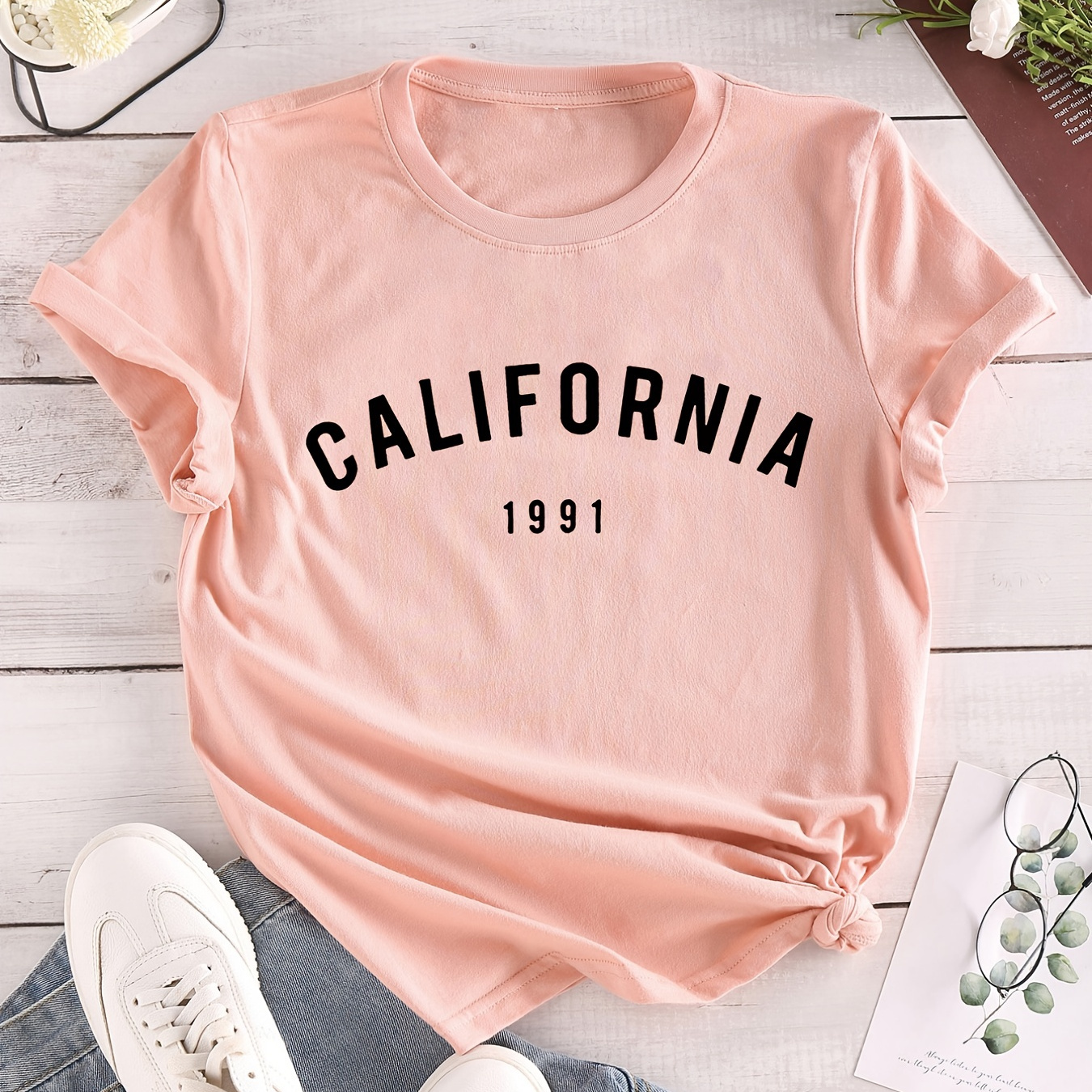 

California Letter Print T-shirt, Crew Neck Short Sleeve T-shirt, Casual Every Day Tops, Women's Clothing