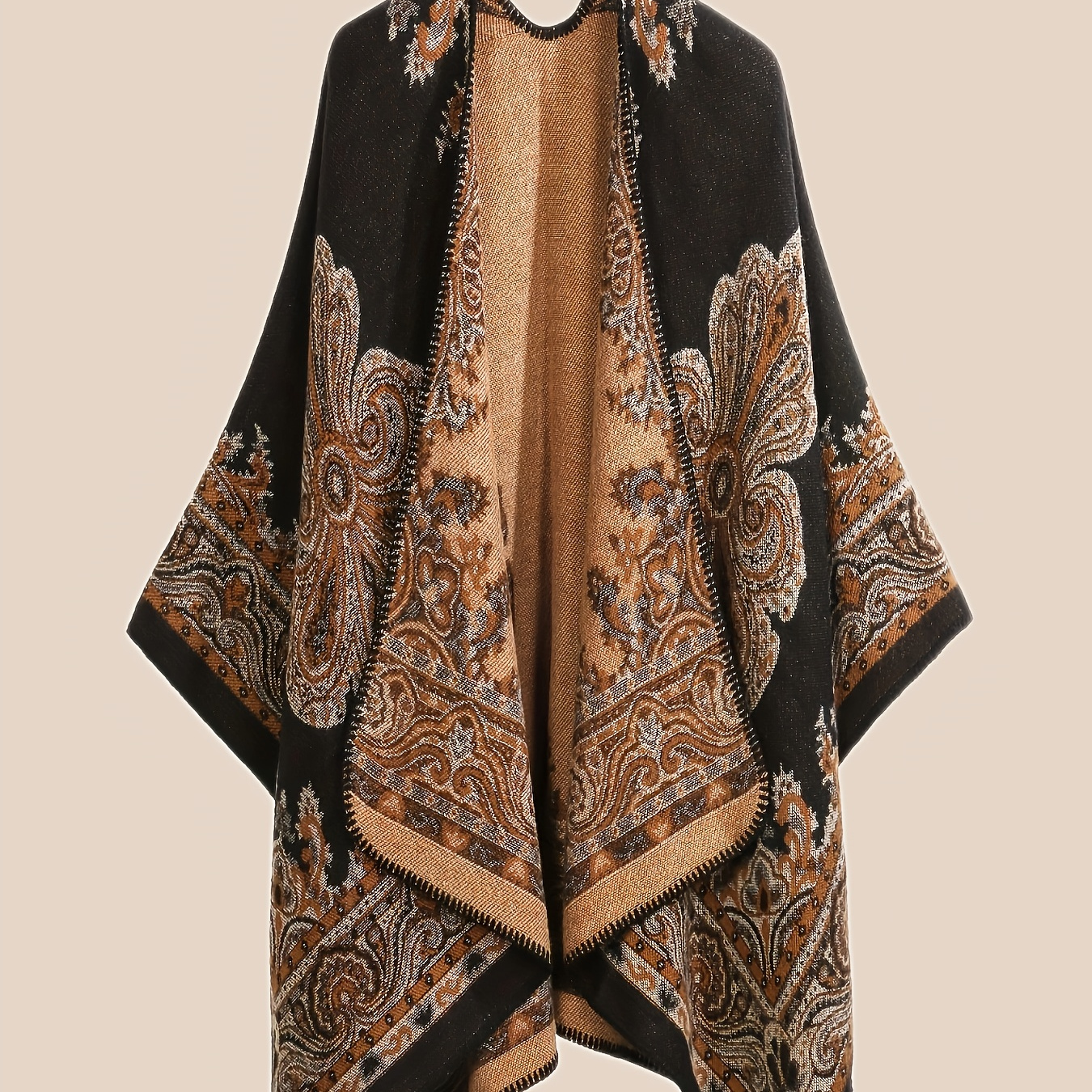 

Plus Size Reversible Paisley Pattern Cape Shawl Overcoat - Polyester & Acrylic , Middle-eastern Style, Collarless, Non-stretch Fabric, Woven, Fall/winter , Double-sided