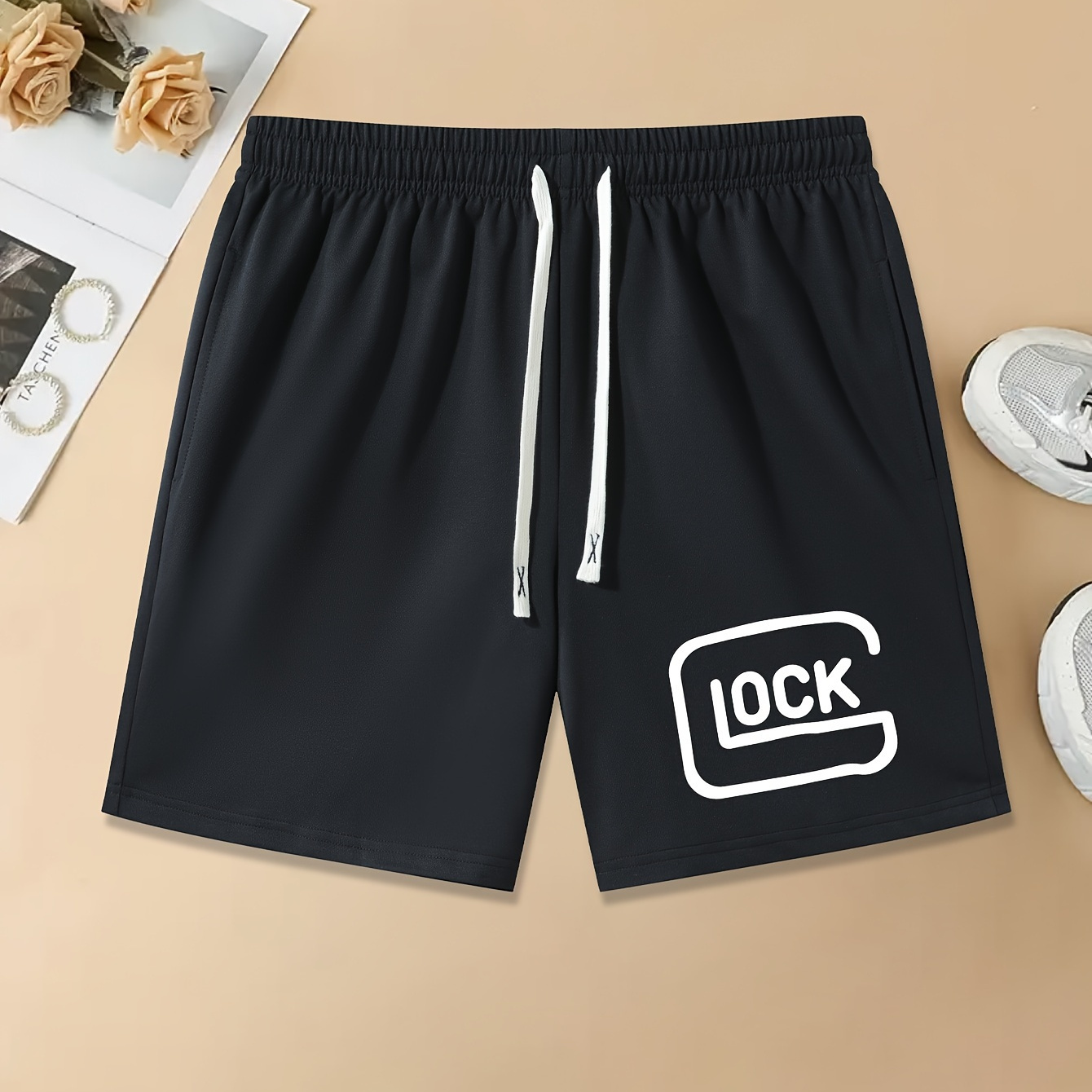 

Lock Print Men's Drawstring Pants Loose Casual Trousers Simple Style Comfy Shorts For Spring Summer Outdoor Fitness