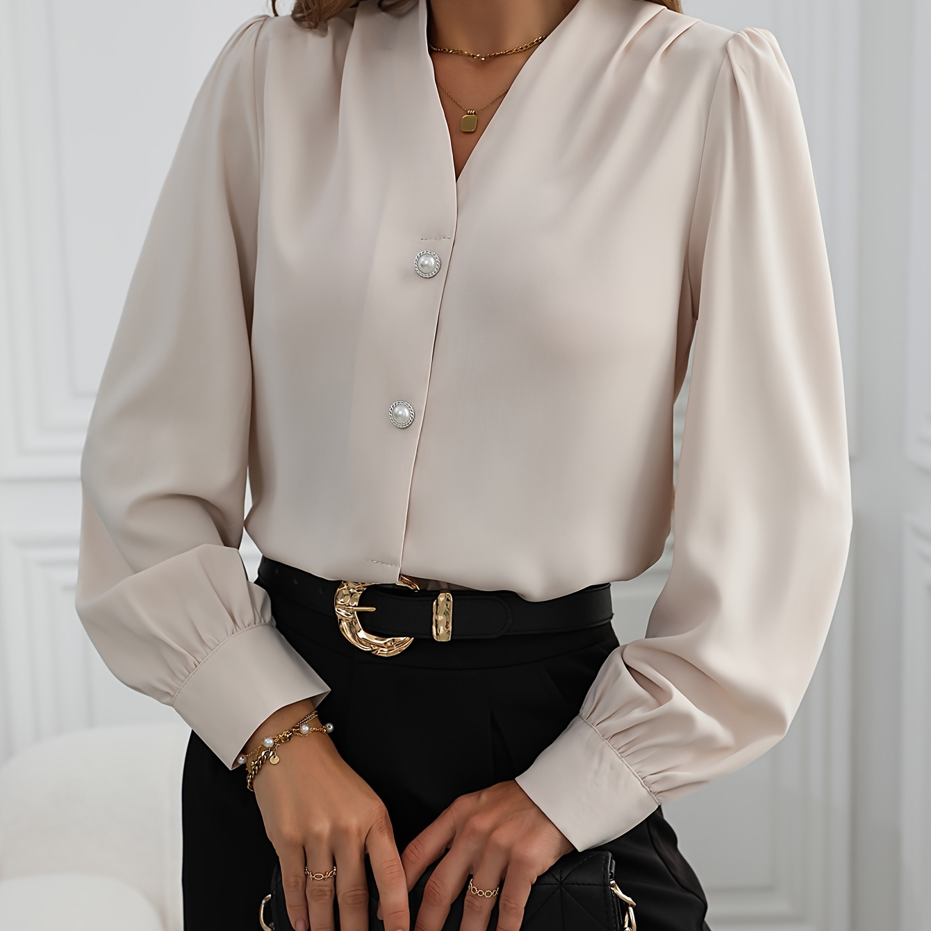 

Solid Beaded Button V-neck Blouse, Elegant Long Sleeve Blouse For Spring & Fall, Women's Clothing