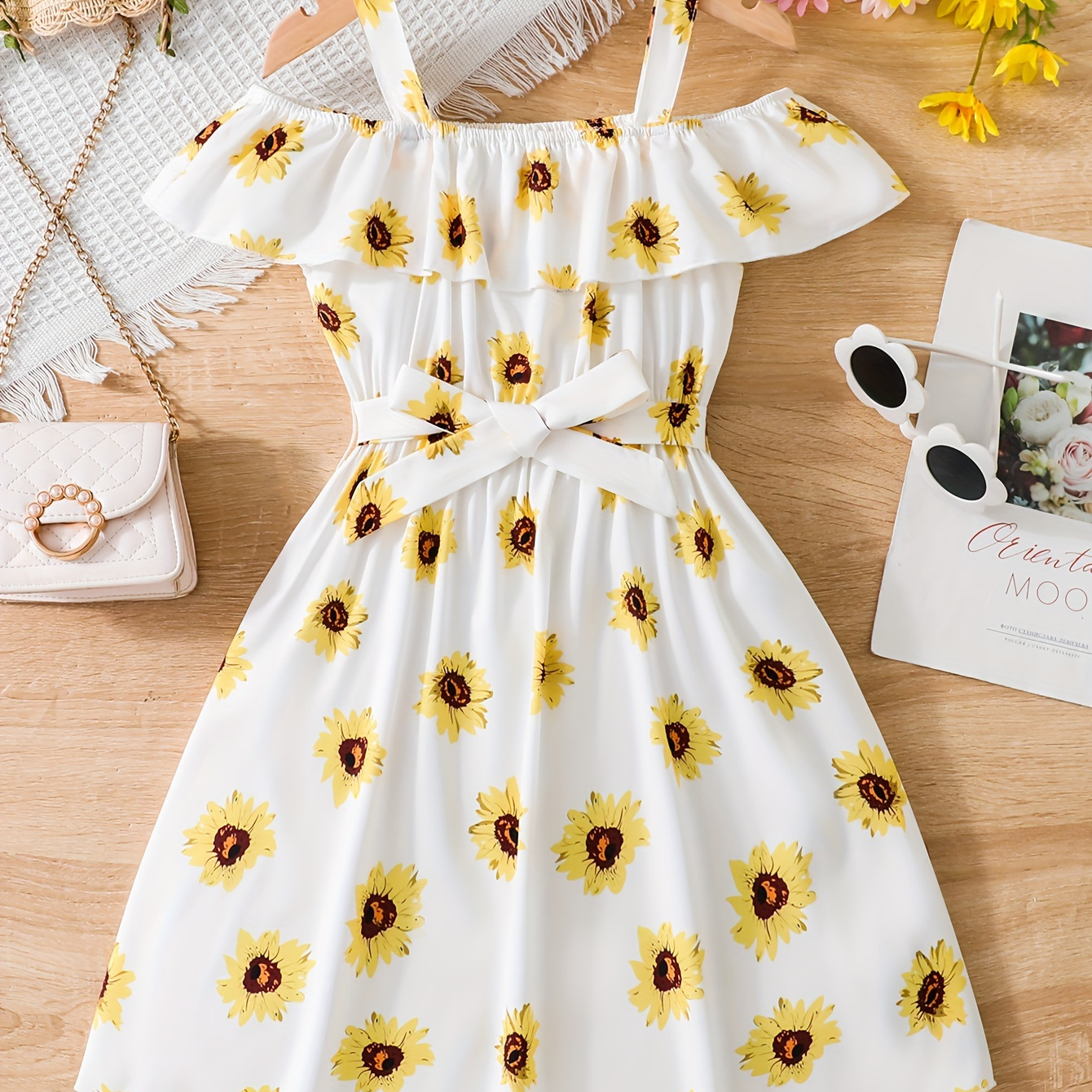 

Sunflower Pattern Print Ruffle Trim Dress For Girls Summer Holiday Party Gift