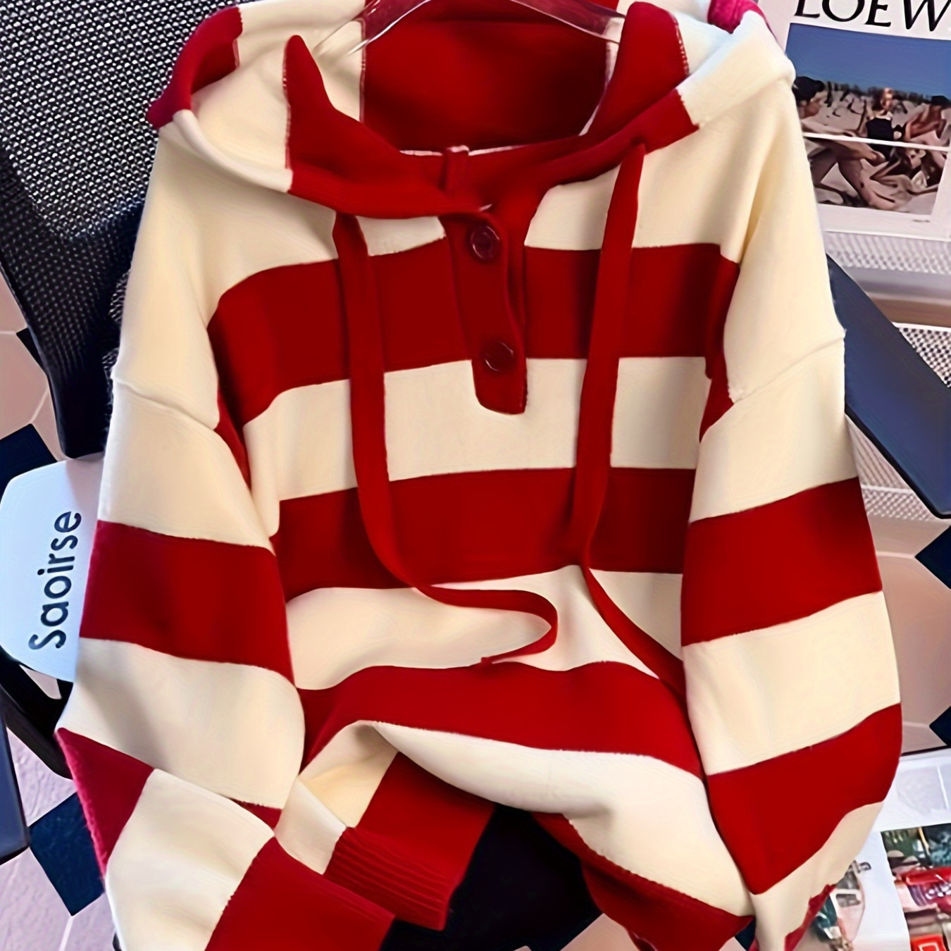 

Women's Casual Striped Hooded Sweater - Cozy Knit Pullover With Drawstring Hood, Long Sleeves, And Pockets, Soft Viscose , All , Sweater| Hoodie| Fabric