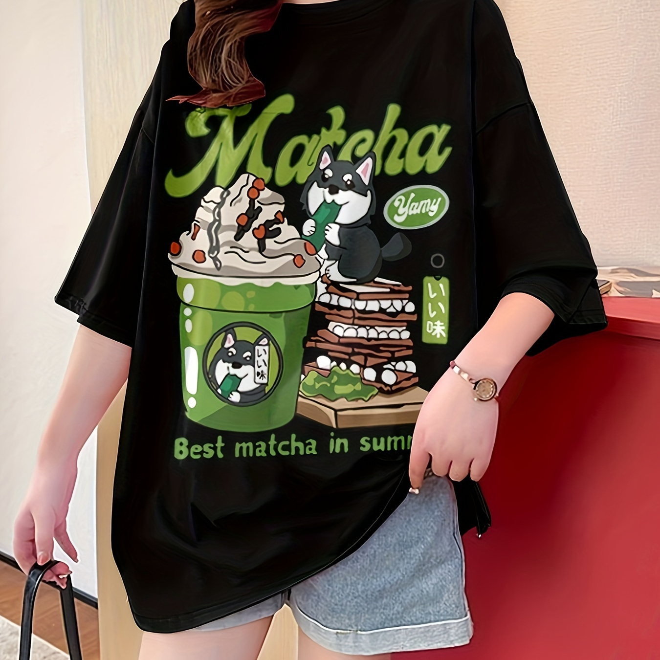 

Women's Casual Crew Neck T-shirt With Cartoon Matcha Print, Polyester 95% Elastane 5%, Short Sleeve, Loose Fit, Knit Fabric, Medium Stretch, Long Length - Spring/summer/fall Fashion Tops