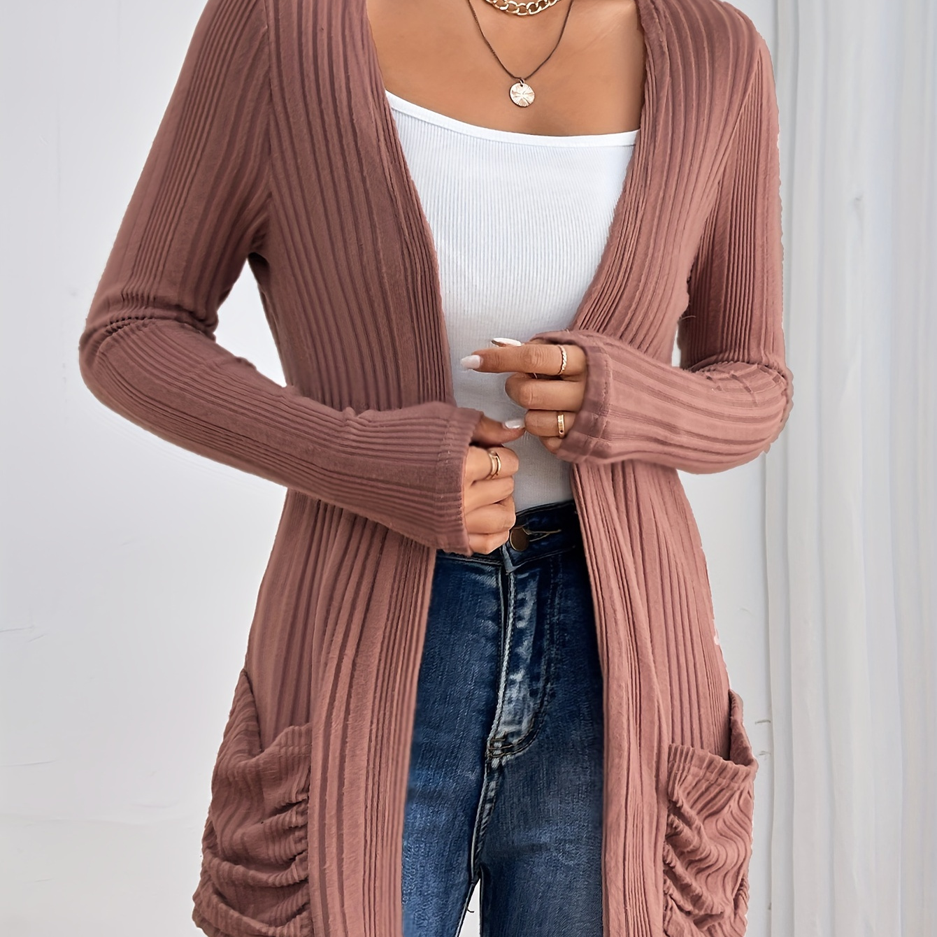 

Cardigan Ouvert À Deux Poches Sur Le Devant, Cardigan À Manches Longues Pour Le Printemps Et L'automne, Vêtements Pour Femmes