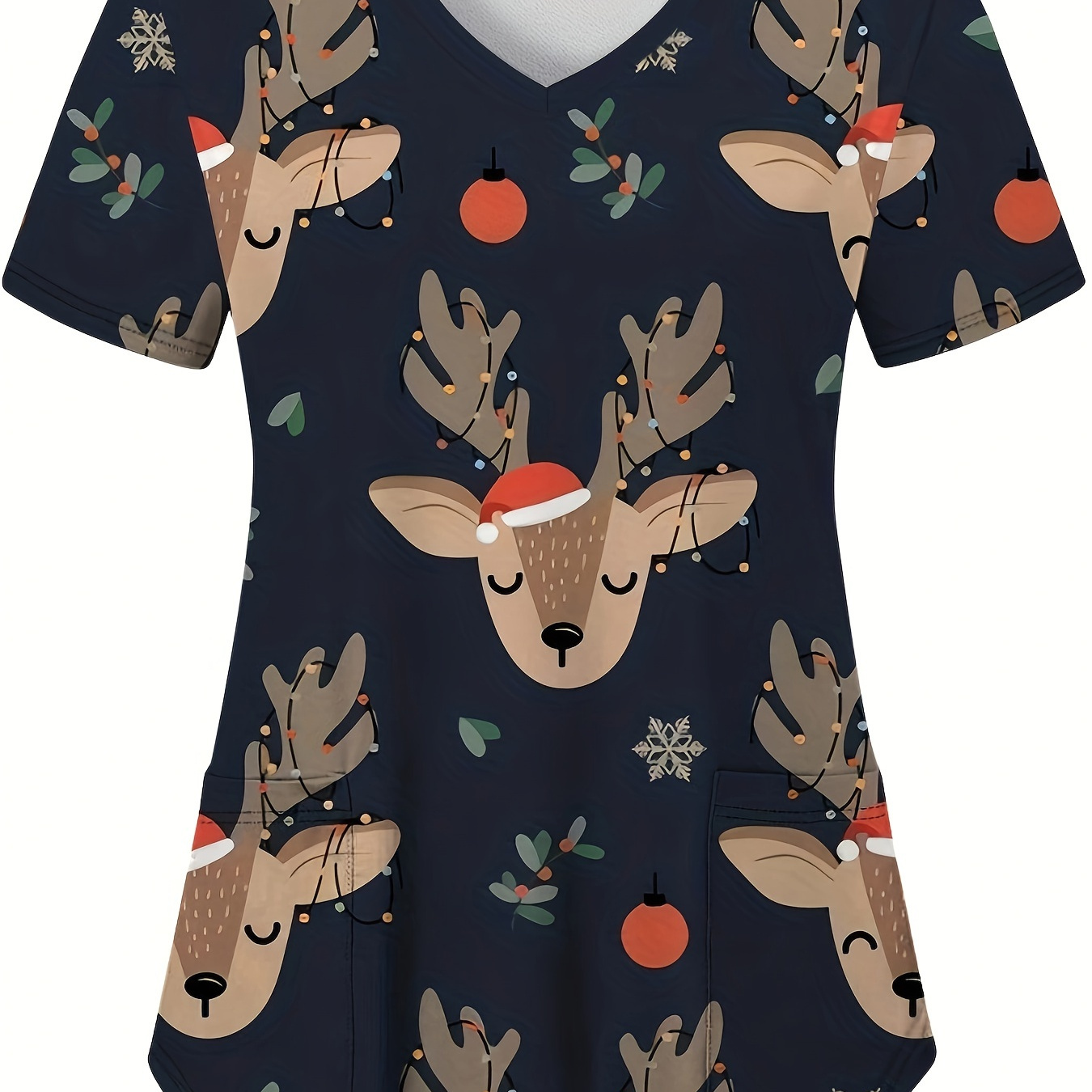 

Cartoon Reindeer Print V-neck Scrub Top, Comfortable & Functional Health Care Uniform Top, Perfect For Working In Hospitals & Dental Office, Women's Work Clothing