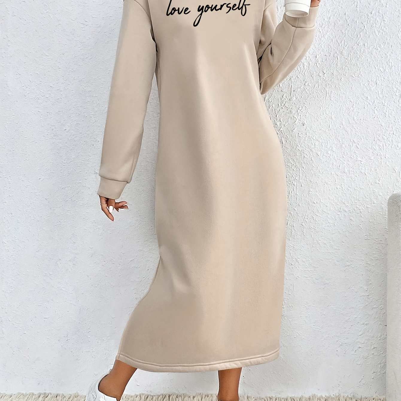 

Casual Long Sleeve Hooded Sweatshirt Dress With Alphabet Applique, Polyester Knit Fabric, Long Length, For Adults, Hoodie Dress